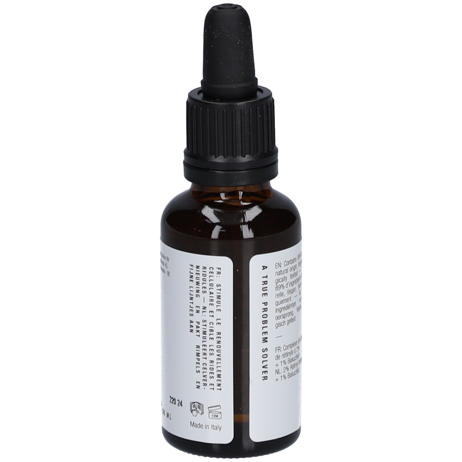Braune Glasflasche mit schwarzem Tropfer. Aufschrift: THE REMEDY, Retinyl Linoleate Concentrate. Rückseite mit Text.
