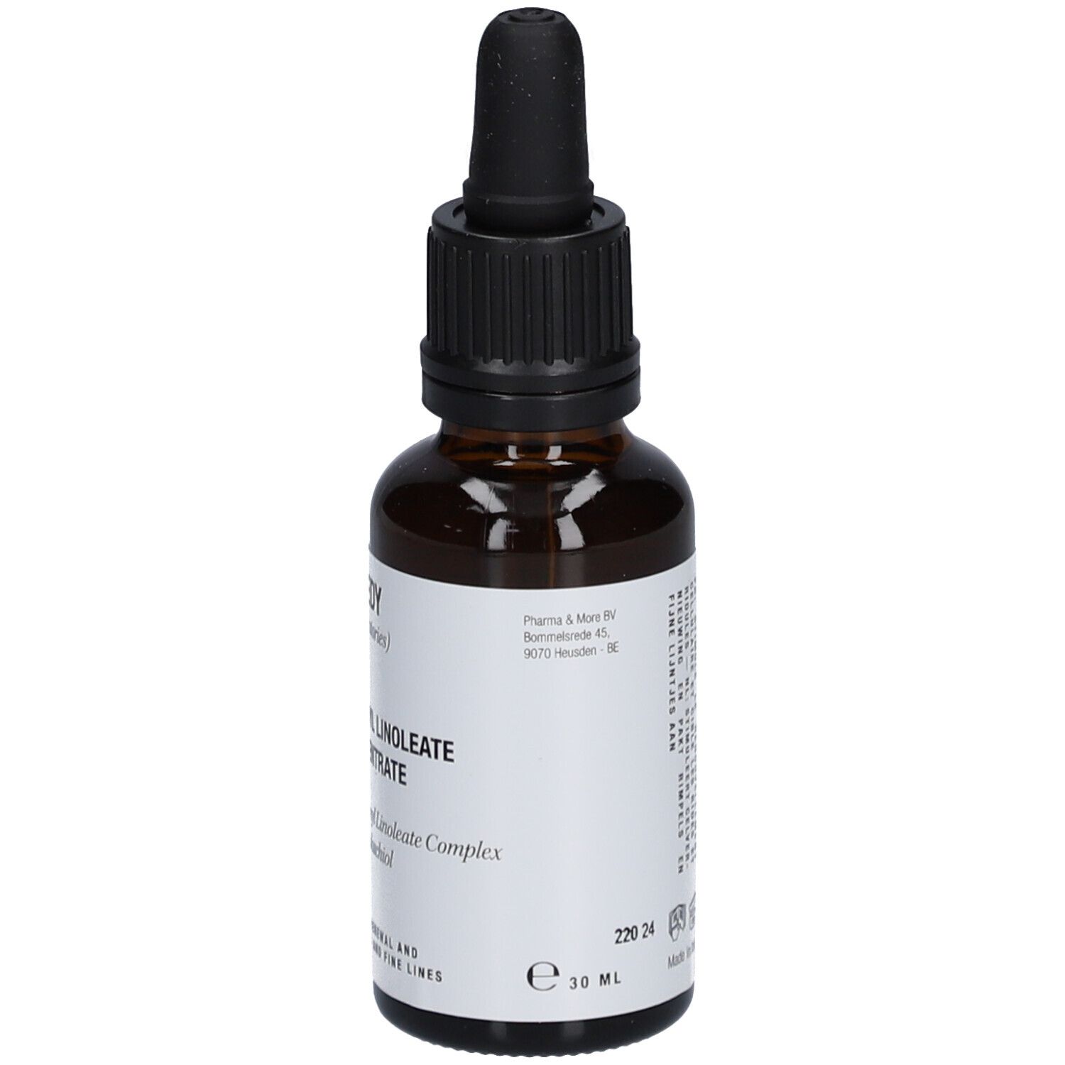 Braune Glasflasche mit schwarzem Tropfer. Aufschrift: THE REMEDY, Retinyl Linoleate Concentrate. E 30 ml.