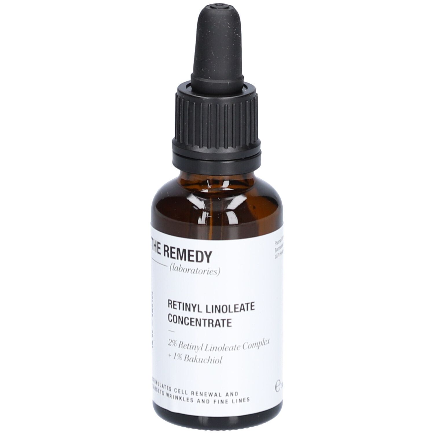 Braune Glasflasche mit schwarzem Tropfer. Aufschrift: THE REMEDY (laboratories), Retinyl Linoleate Concentrate.