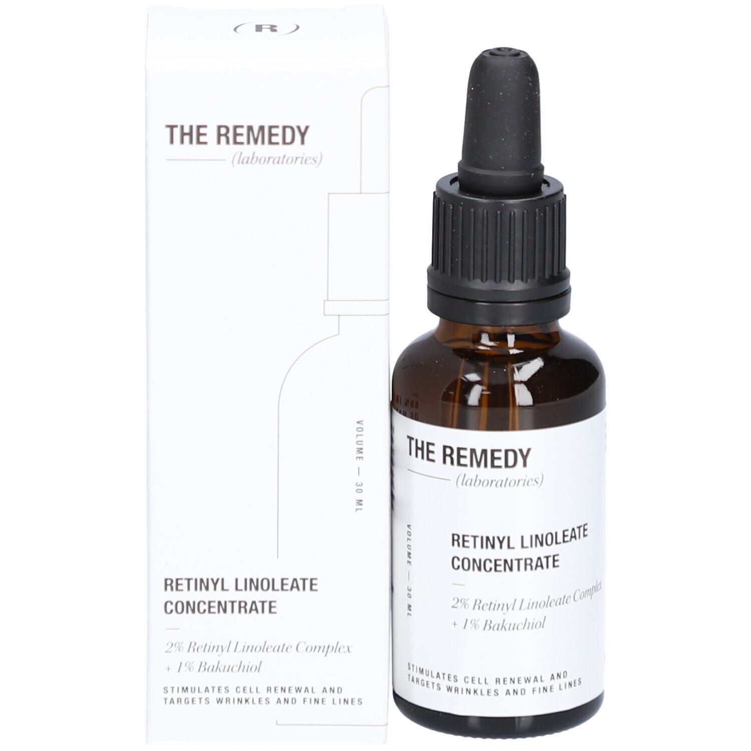 Produktflasche und Verpackung. Aufschrift: THE REMEDY, Retinyl Linoleate Concentrate. Volumen: 30 ml.