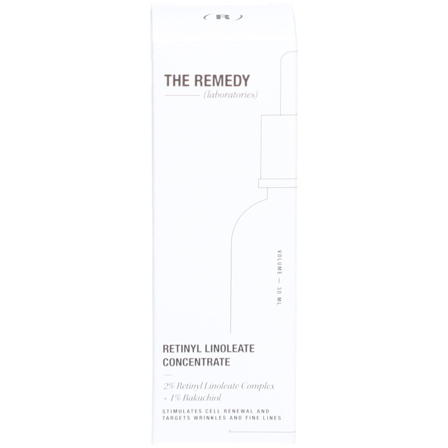 Verpackung. Aufschrift: THE REMEDY, Retinyl Linoleate Concentrate. Volumen: 30 ml.
