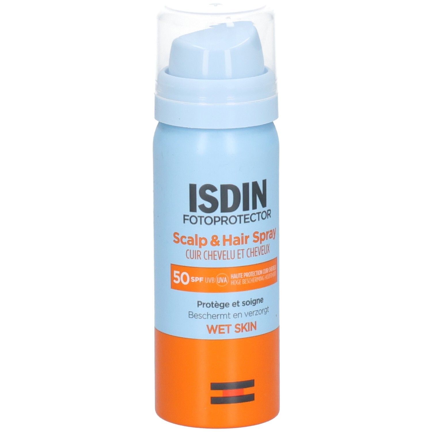 Blau-orange Sprayflasche mit transparentem Deckel. Aufschrift: ISDIN, Fotoprotector, Scalp & Hair Spray, SPF 50. Text: Wet Skin.