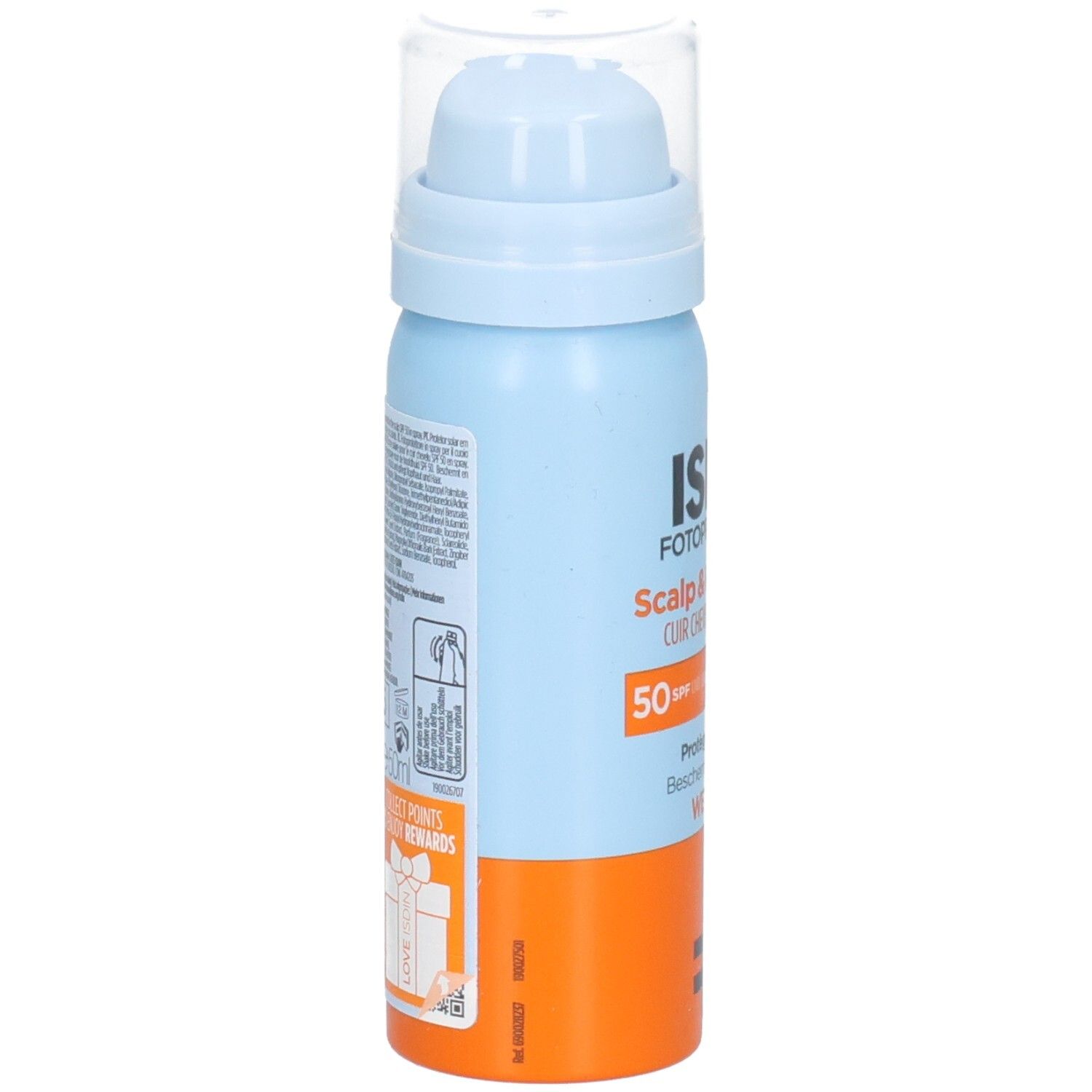 Blaue und orangefarbene Sprayflasche. Auf der Seite Text und Piktogramme. Transparenter Deckel. Produktname nicht vollständig sichtbar.