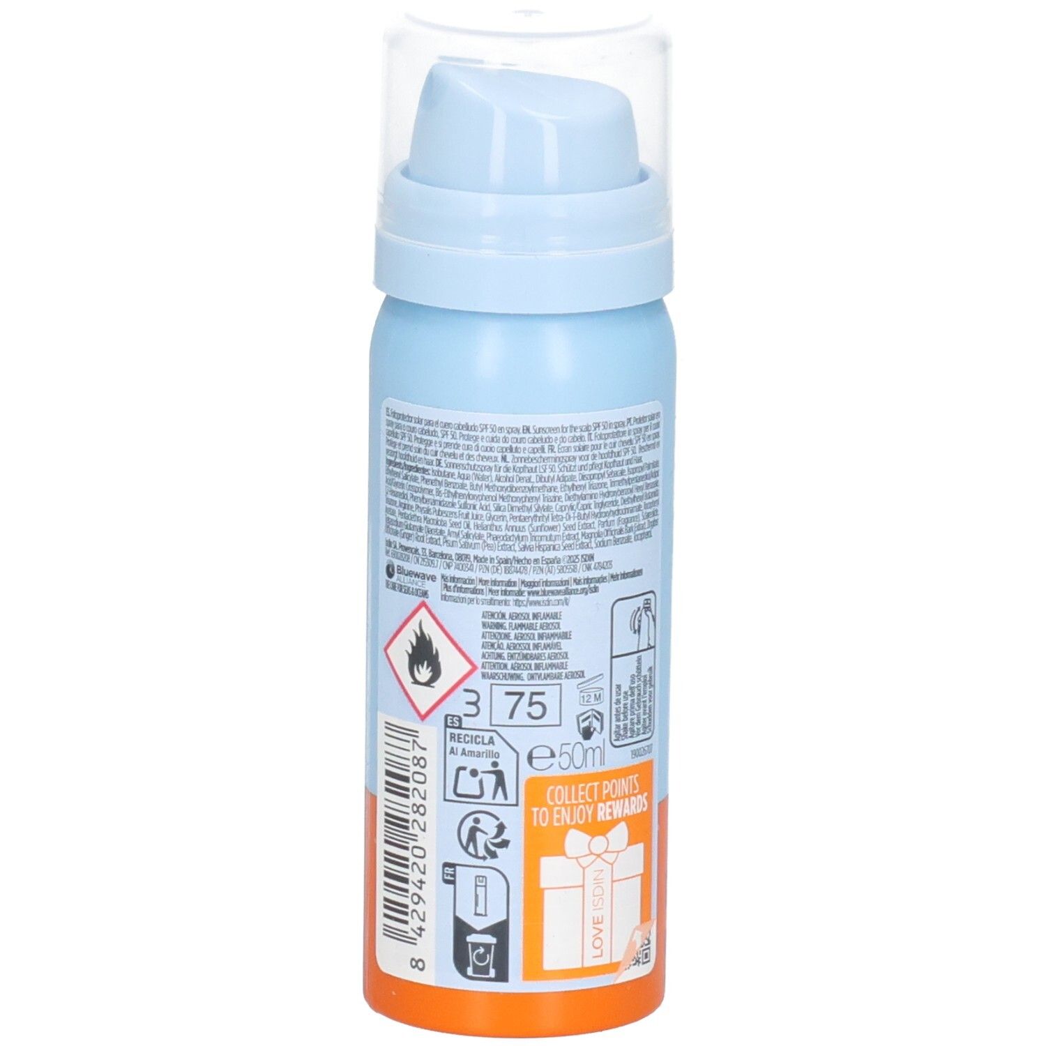 Blaue und orangefarbene Sprayflasche. Auf der Seite Text und Piktogramme. Transparenter Deckel. Volumenangabe: 50ml.