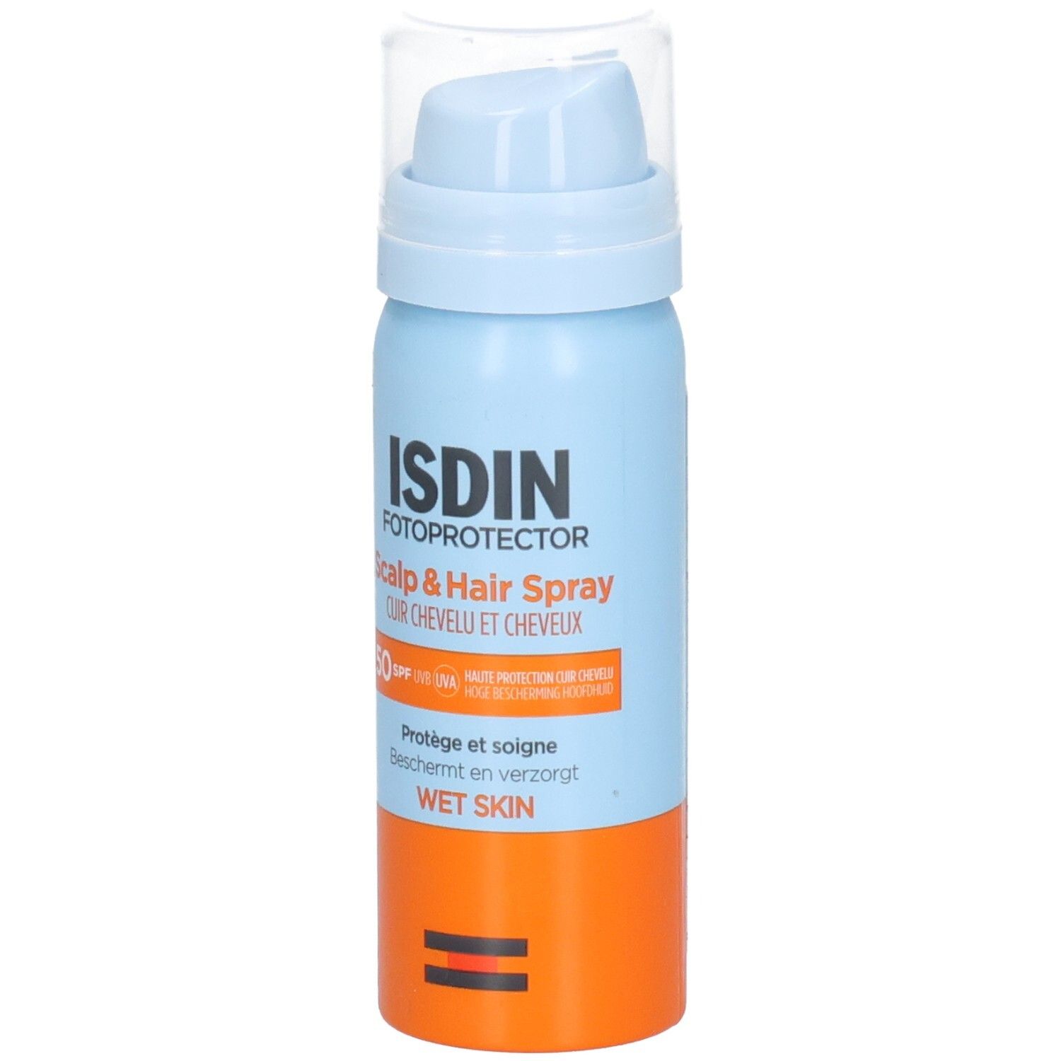 Blaue und orangefarbene Sprayflasche mit transparentem Deckel. Aufschrift: ISDIN, Fotoprotector, Scalp & Hair Spray, SPF 50. Text: Wet Skin.