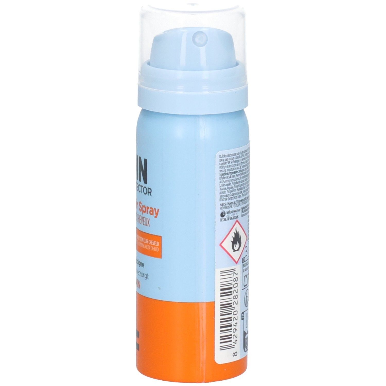 Blaue und orangefarbene Sprayflasche. Auf der Seite Text und Piktogramme. Transparenter Deckel. Gefahrensymbol.