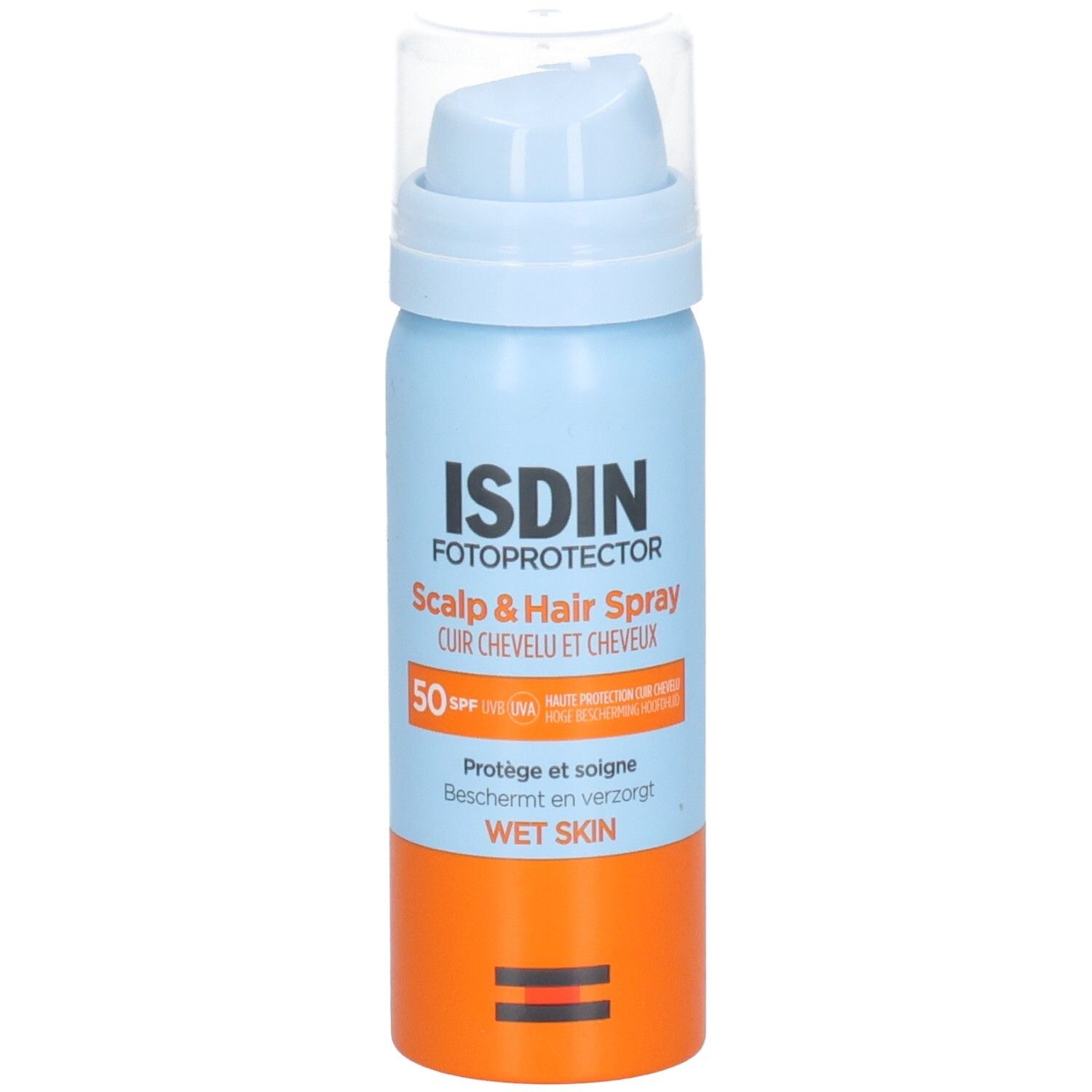 Blaue und orangefarbene Sprayflasche mit transparentem Deckel. Aufschrift: ISDIN, Fotoprotector, Scalp & Hair Spray, SPF 50. Text: Wet Skin.