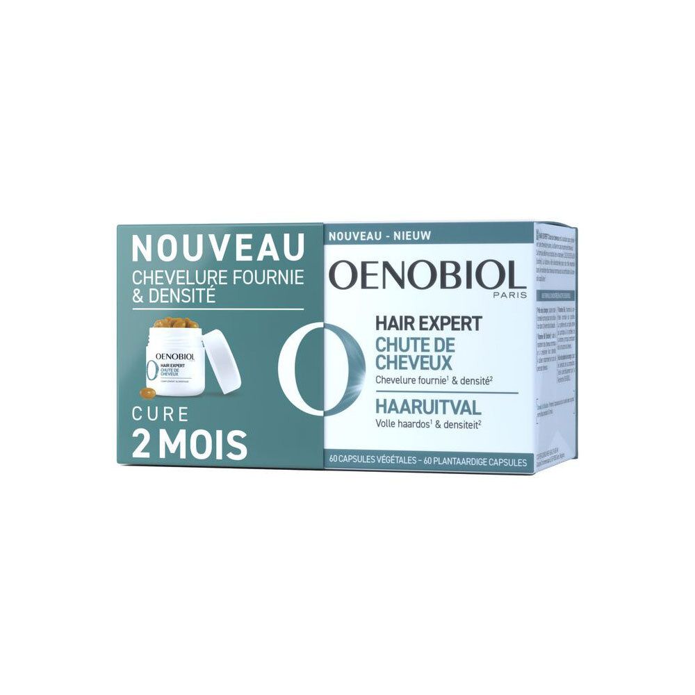 Oenobiol Hair Expert Packung. Aufschrift: Haarausfall, 2 Monate Kur. 60 Kapseln. Grün-weiße Verpackung.