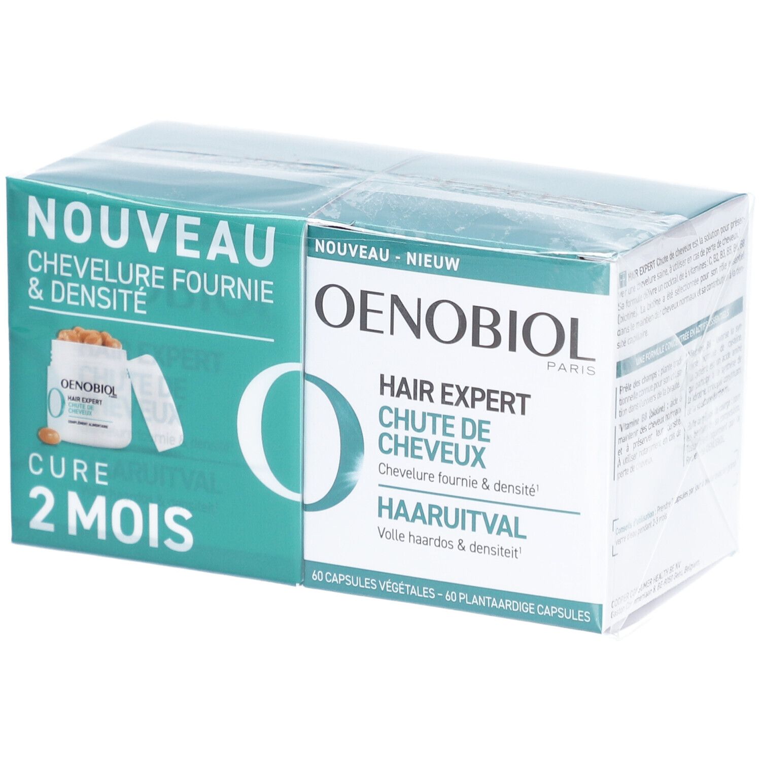 Oenobiol Hair Expert Packung. Aufschrift: Haarausfall, 2 Monate Kur. 60 Kapseln. Grün-weiße Verpackung, in Folie.