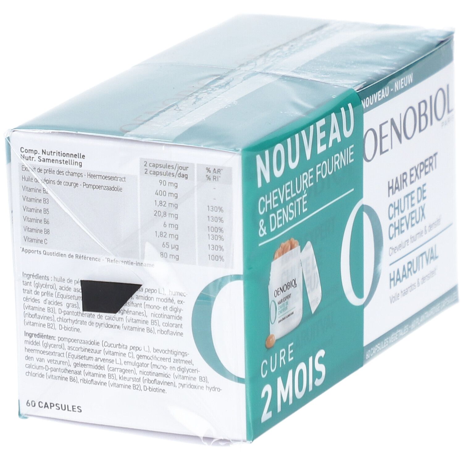 Oenobiol Hair Expert Packung. Aufschrift: Haarausfall, 2 Monate Kur. 60 Kapseln. Grün-weiße Verpackung, in Folie.