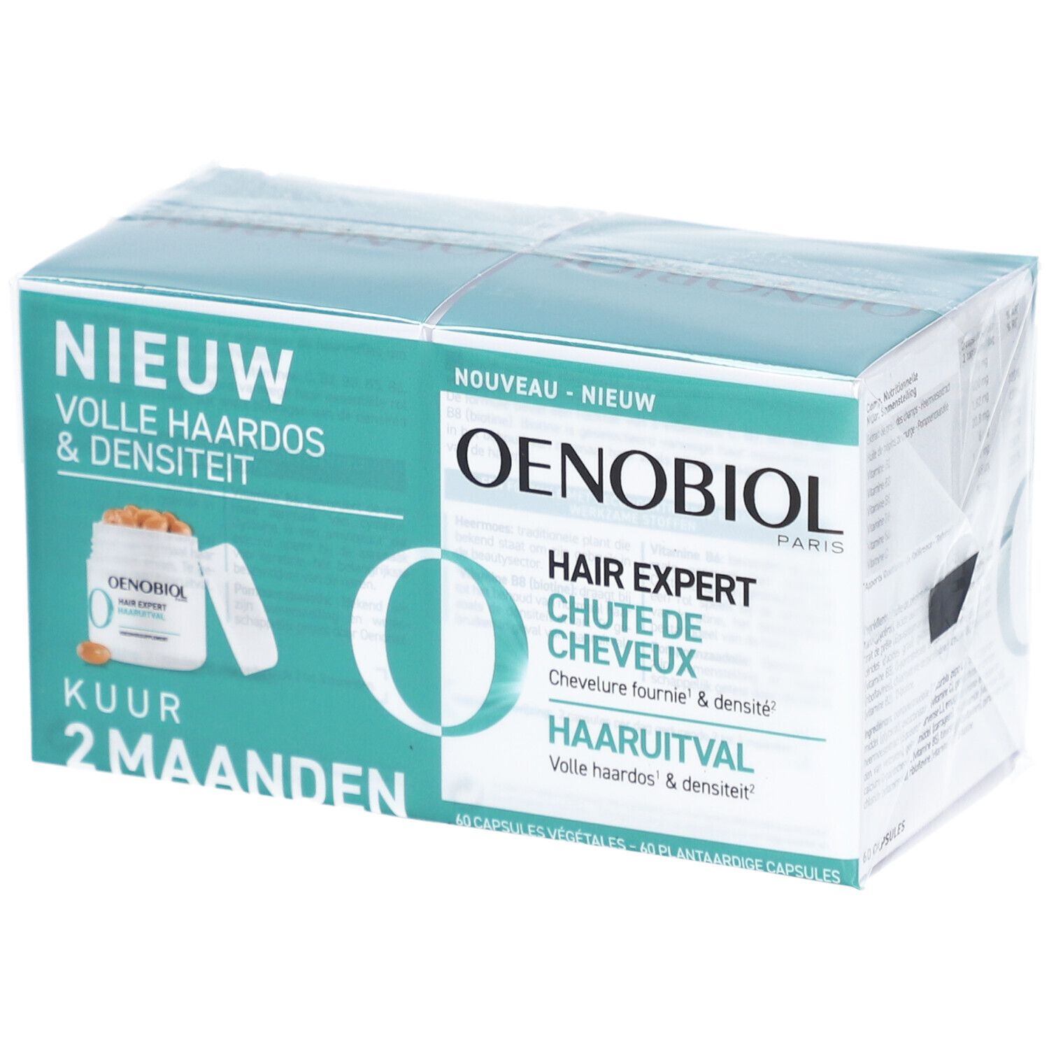 Oenobiol Hair Expert Packung. Aufschrift: Haarausfall, 2 Monate Kur. 60 Kapseln. Grün-weiße Verpackung, in Folie.