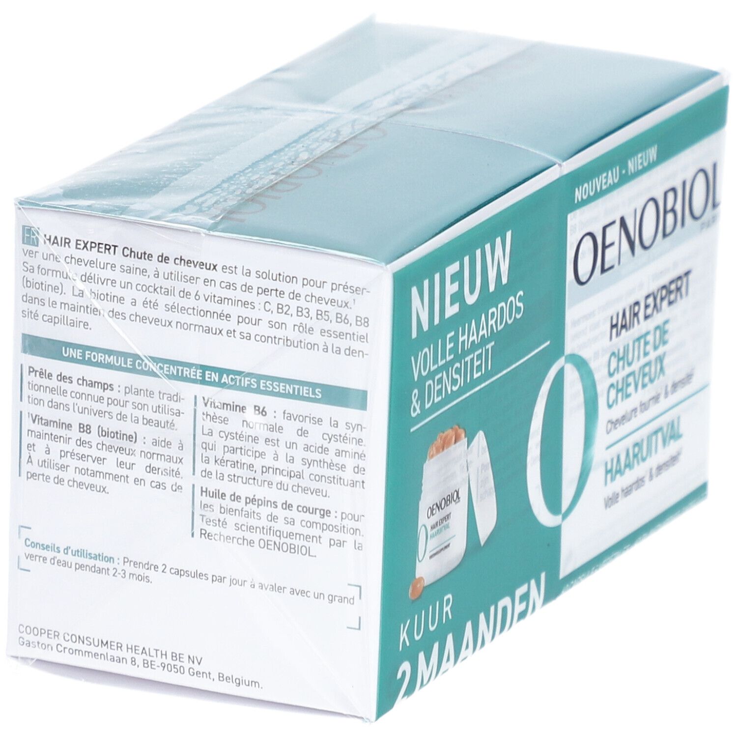 Oenobiol Hair Expert Packung. Aufschrift: Haarausfall, 2 Monate Kur. 60 Kapseln. Grün-weiße Verpackung, in Folie.