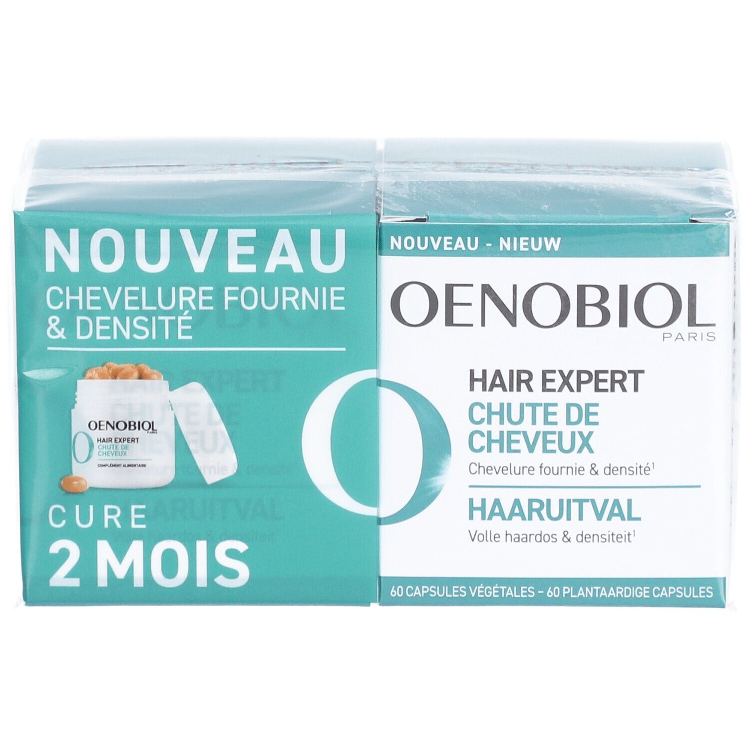 Oenobiol Hair Expert Packung. Aufschrift: Haarausfall, 2 Monate Kur. 60 Kapseln. Grün-weiße Verpackung, in Folie.