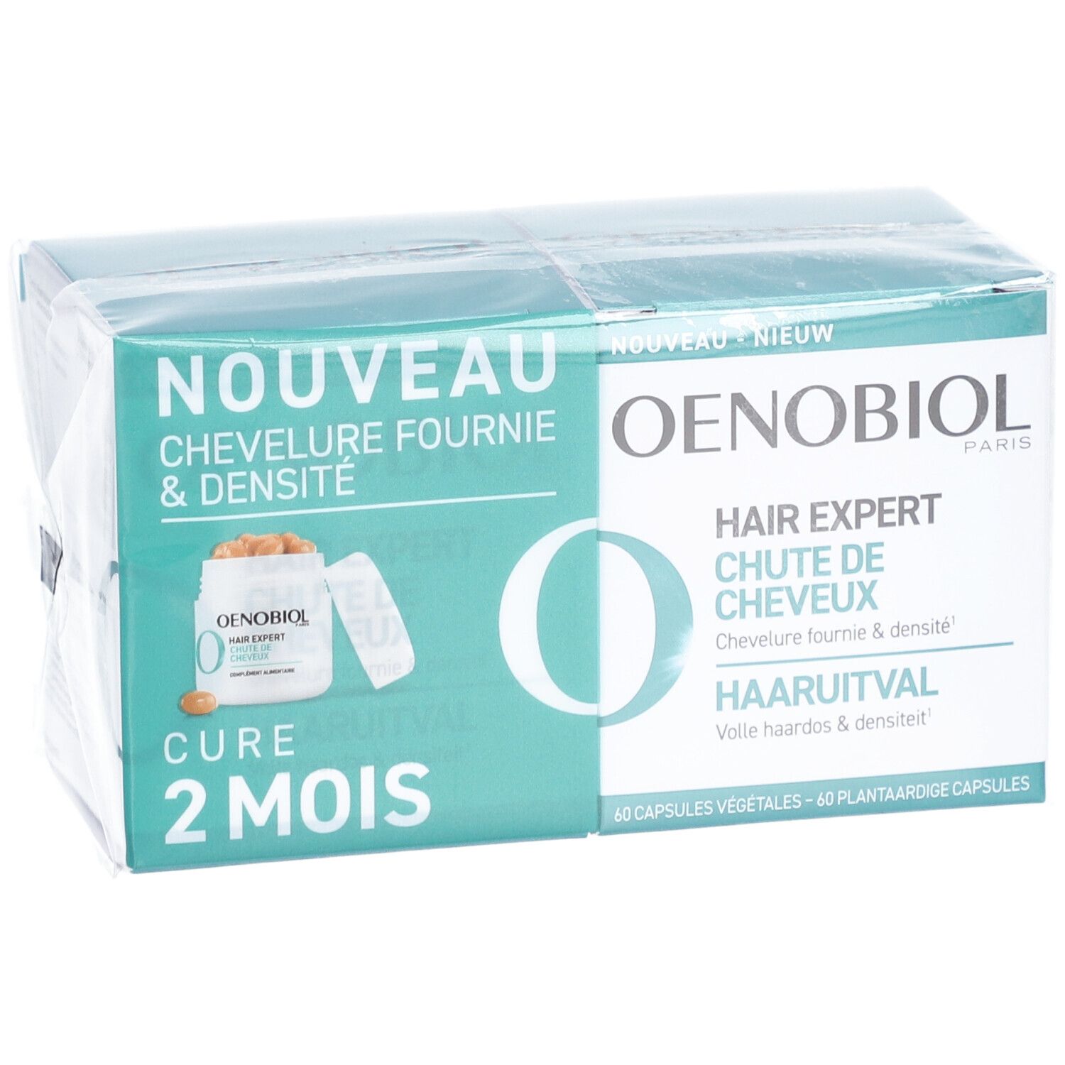 Oenobiol Hair Expert Packung. Aufschrift: Haarausfall, 2 Monate Kur. 60 Kapseln. Grün-weiße Verpackung, in Folie.