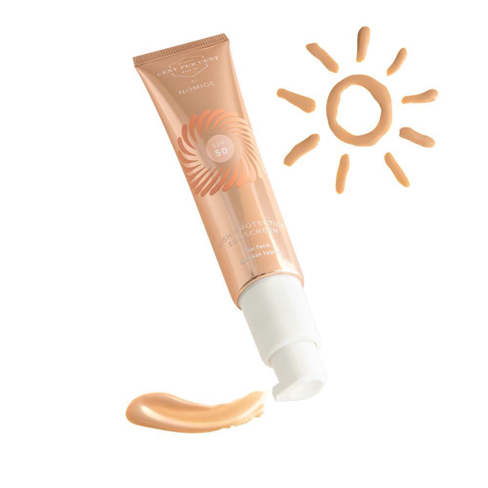 Tube beige, pompe, trace de produit et dessin soleil. Inscription SPF 50. Nom non visible.