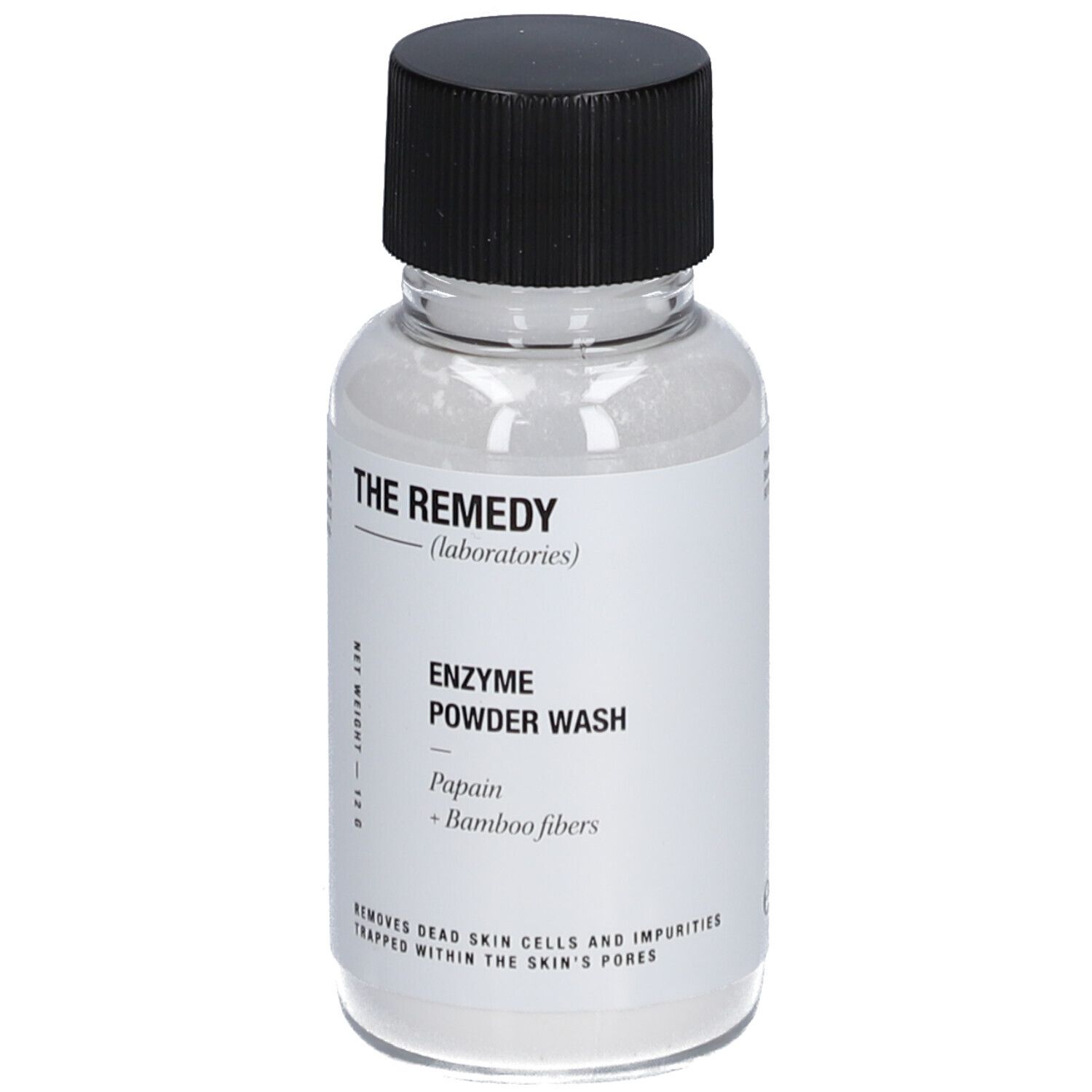 Klarflasche mit schwarzem Deckel. Etikett mit Produktname und Inhaltsstoffen. Marke: The Remedy.