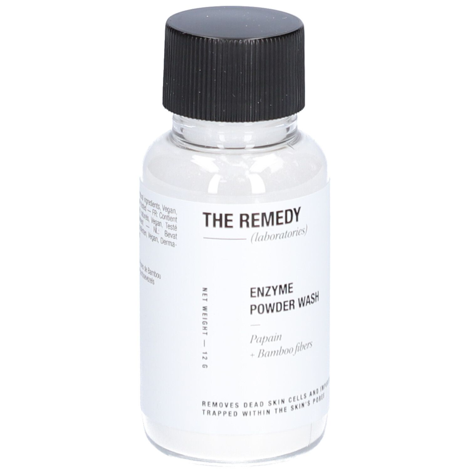Klarflasche mit schwarzem Deckel. Etikett mit Produktname und Inhaltsstoffen. Marke: The Remedy.
