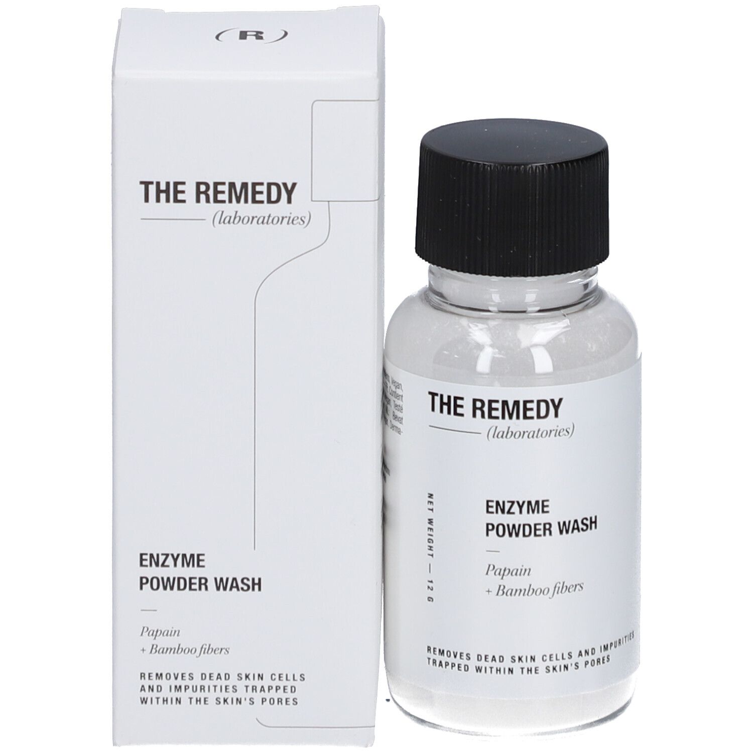 Produktflasche und Verpackung nebeneinander. Verpackung mit Produktname. Marke: The Remedy.