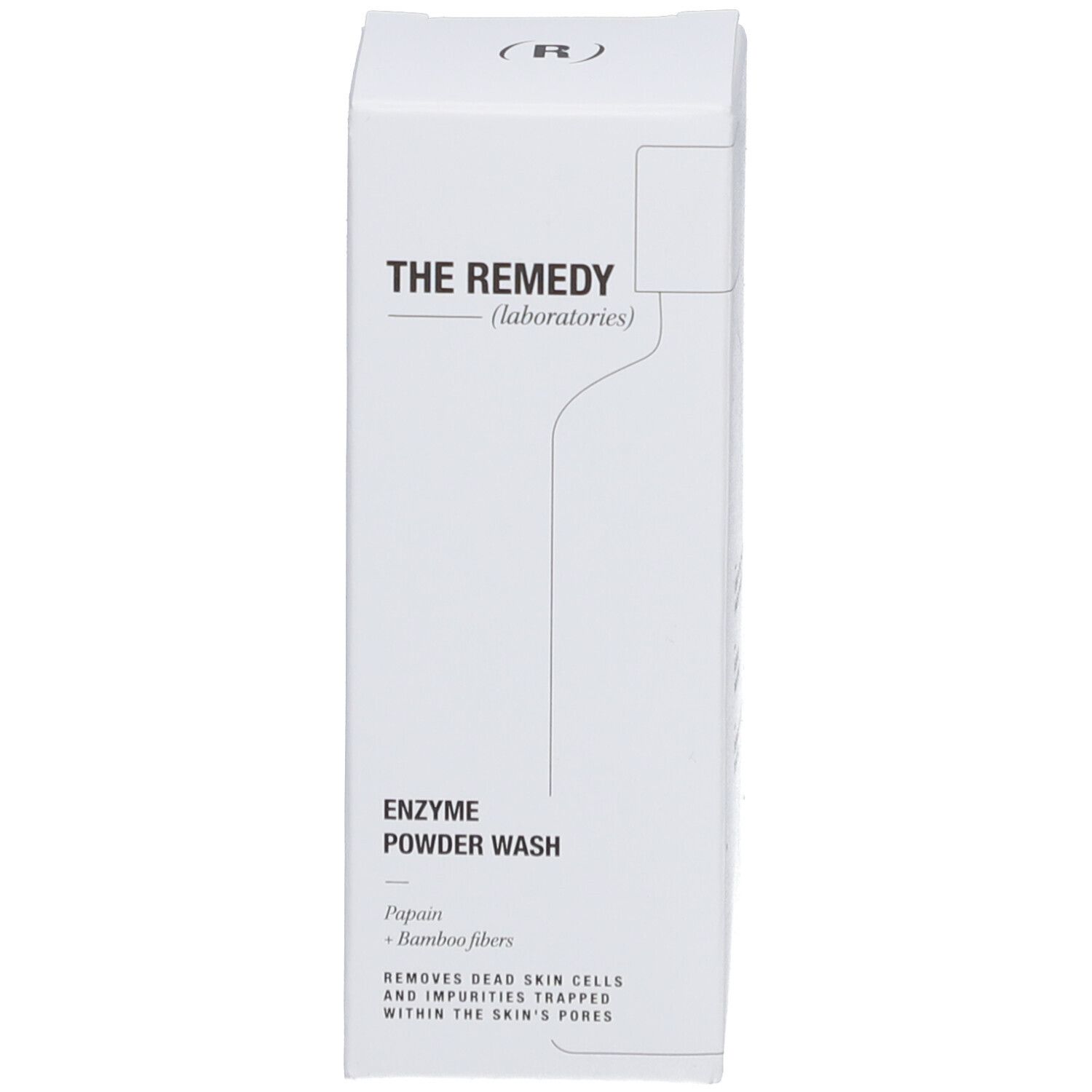 Produktverpackung. Weiß mit Produktname und Logo. Marke: The Remedy.