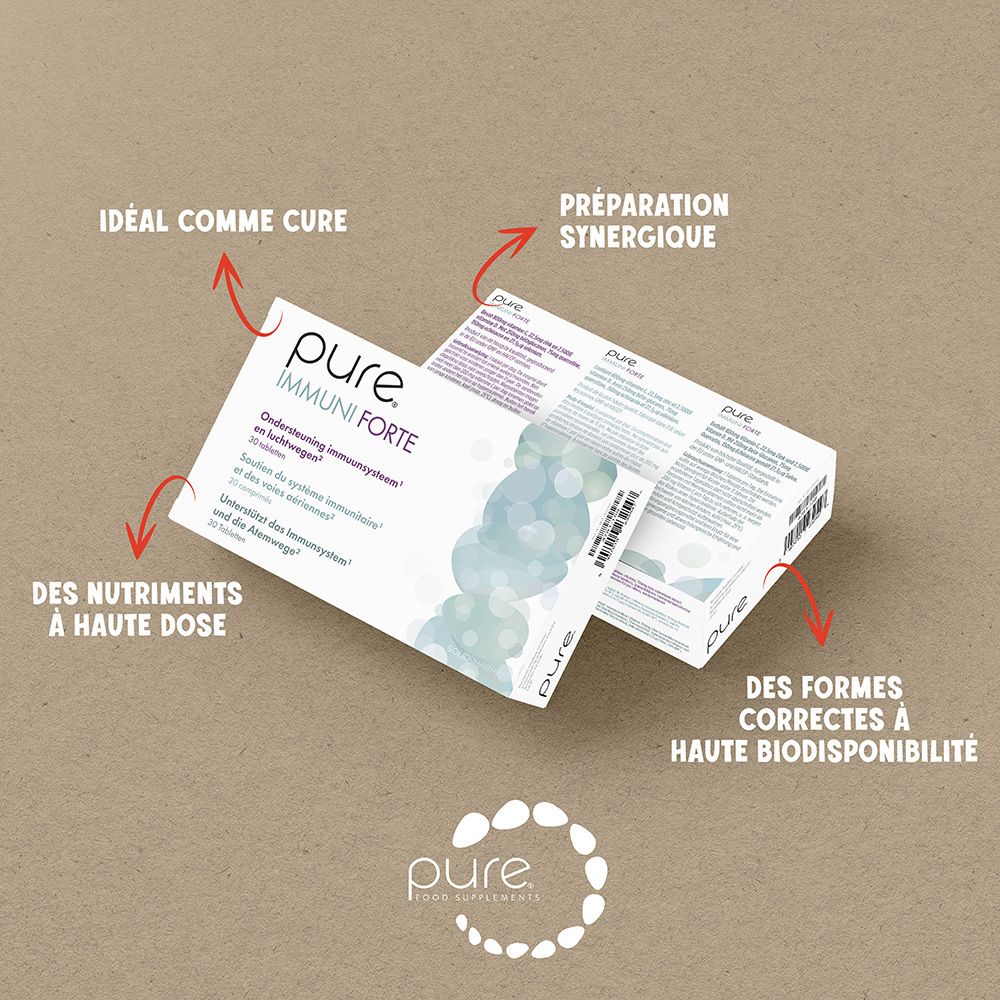 Boîte blanche avec nom et texte du produit. Graphique bleu rond à droite. 30 comprimés.