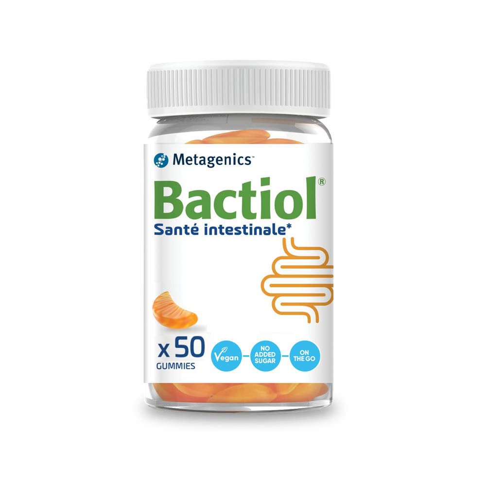 Bactiol Gummies de Metagenics en pot. Santé intestinale. 50 gommes. Vegan, sans sucre ajouté, à emporter.