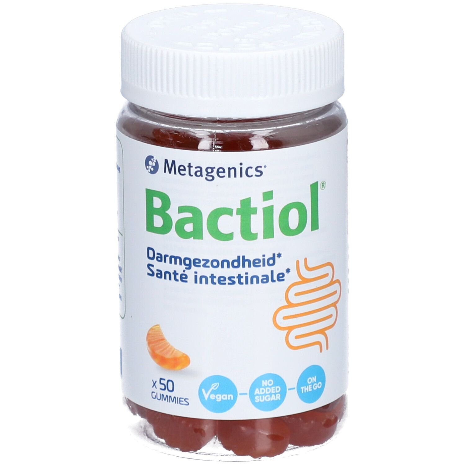 Bactiol Gummies de Metagenics en pot. Santé intestinale. 50 gommes. Vegan, sans sucre ajouté, à emporter.