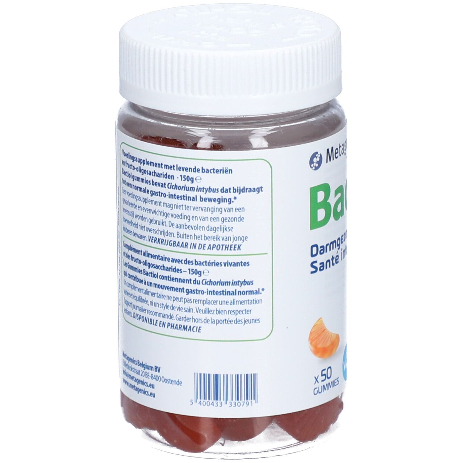 Dos du pot de Bactiol Gummies. Texte en néerlandais et français. Contient des bactéries vivantes et des fructo-oligosaccharides.