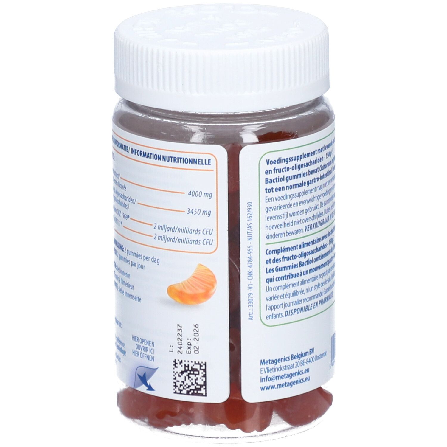 Dos du pot de Bactiol Gummies. Informations nutritionnelles. 2 milliards d'UFC. Date de péremption 02/2026.