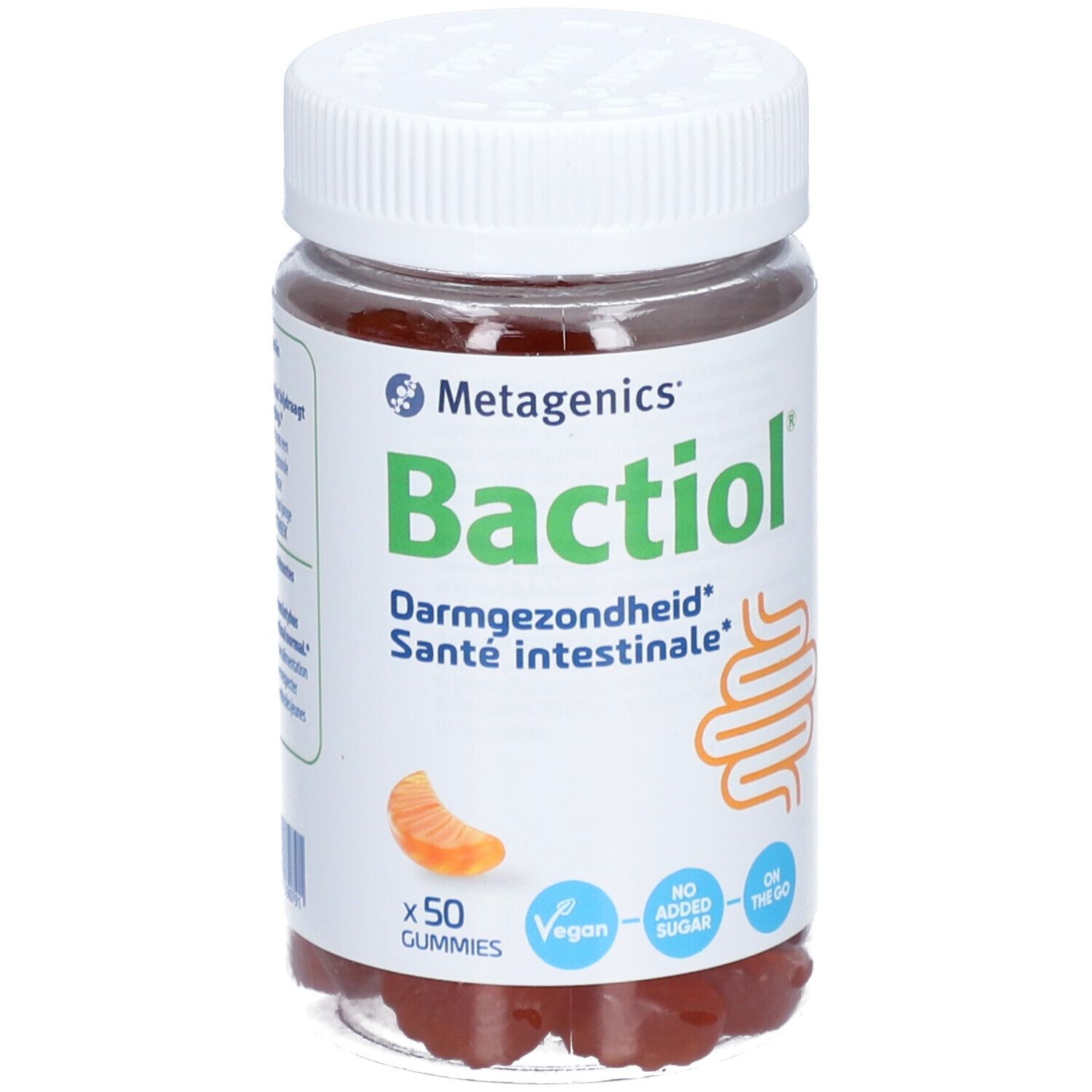 Bactiol Gummies de Metagenics en pot. Santé intestinale. 50 gommes. Vegan, sans sucre ajouté, à emporter.