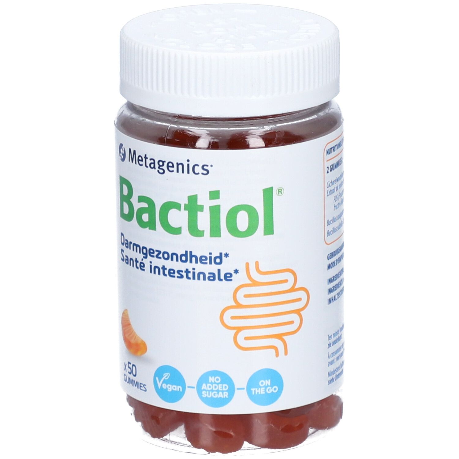 Bactiol Gummies de Metagenics en pot. Santé intestinale. 50 gommes. Vegan, sans sucre ajouté, à emporter.