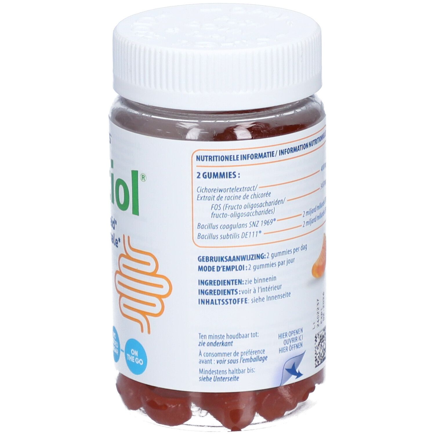 Dos du pot de Bactiol Gummies. Informations nutritionnelles. 2 gommes par jour. Ingrédients. Mode d'emploi.