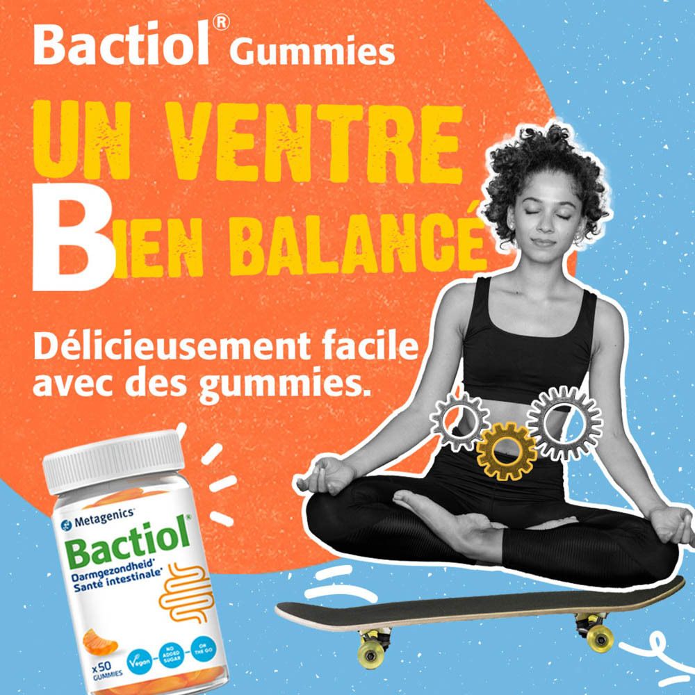 Publicité pour Bactiol Gummies. Femme sur un skateboard. Texte : Un ventre bien équilibré. Délicieusement facile avec des gummies.