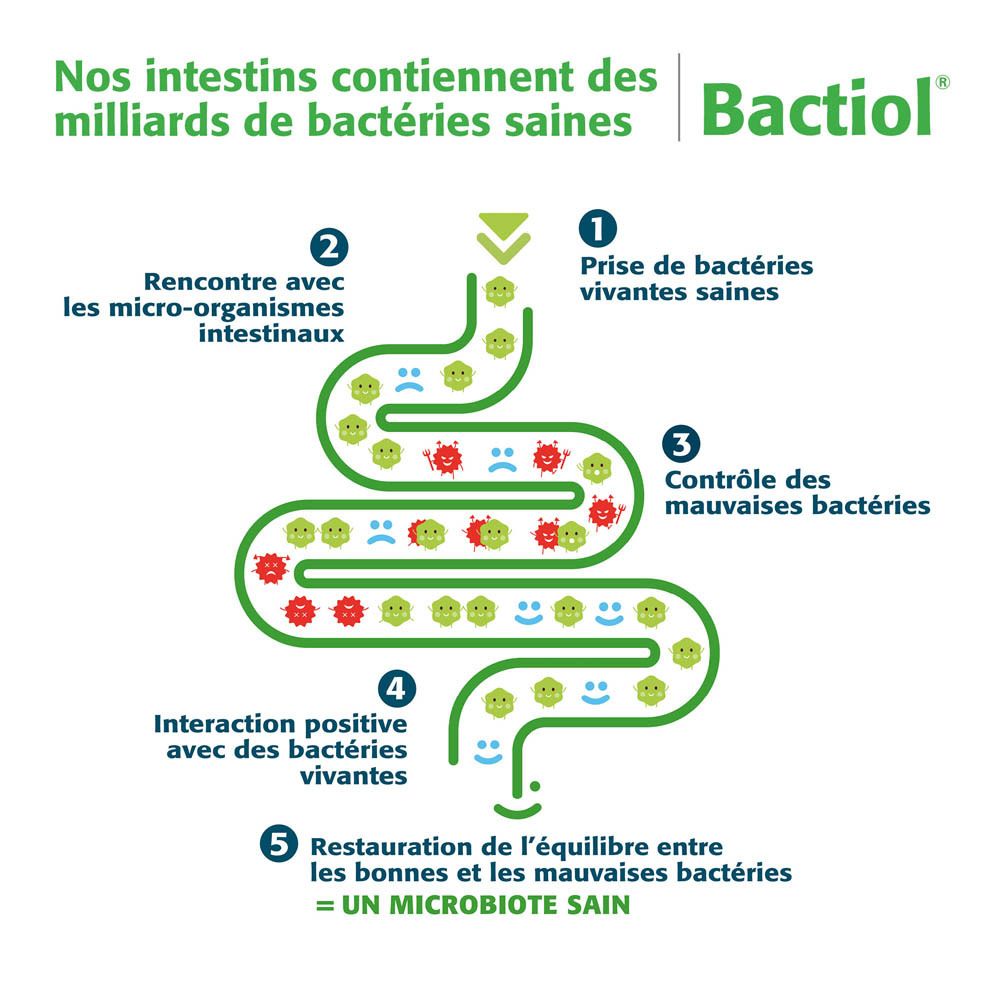 Graphique : étapes pour la santé intestinale. 5 étapes. Bactiol. Flore intestinale saine. Bonnes bactéries.