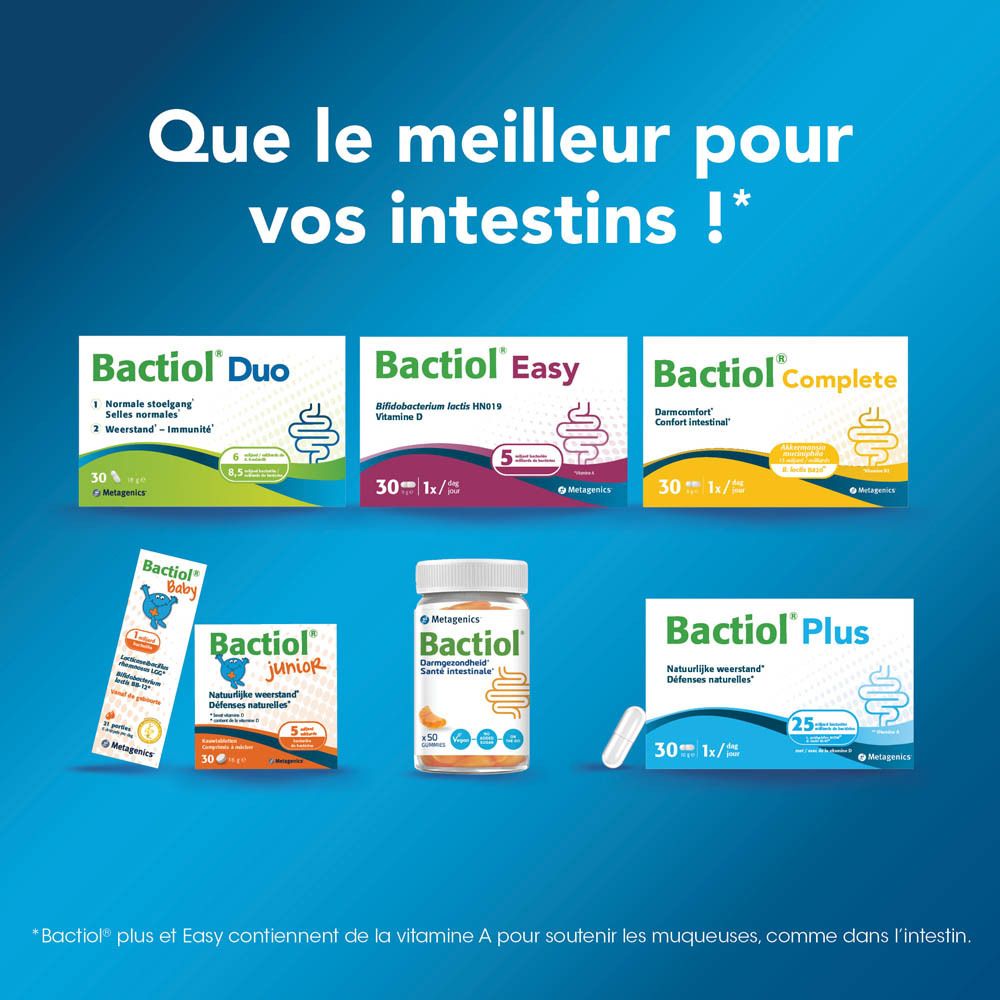 Publicité pour les produits Bactiol. Bactiol Duo, Easy, Complete, Baby, Junior, Plus. Pour vos intestins !