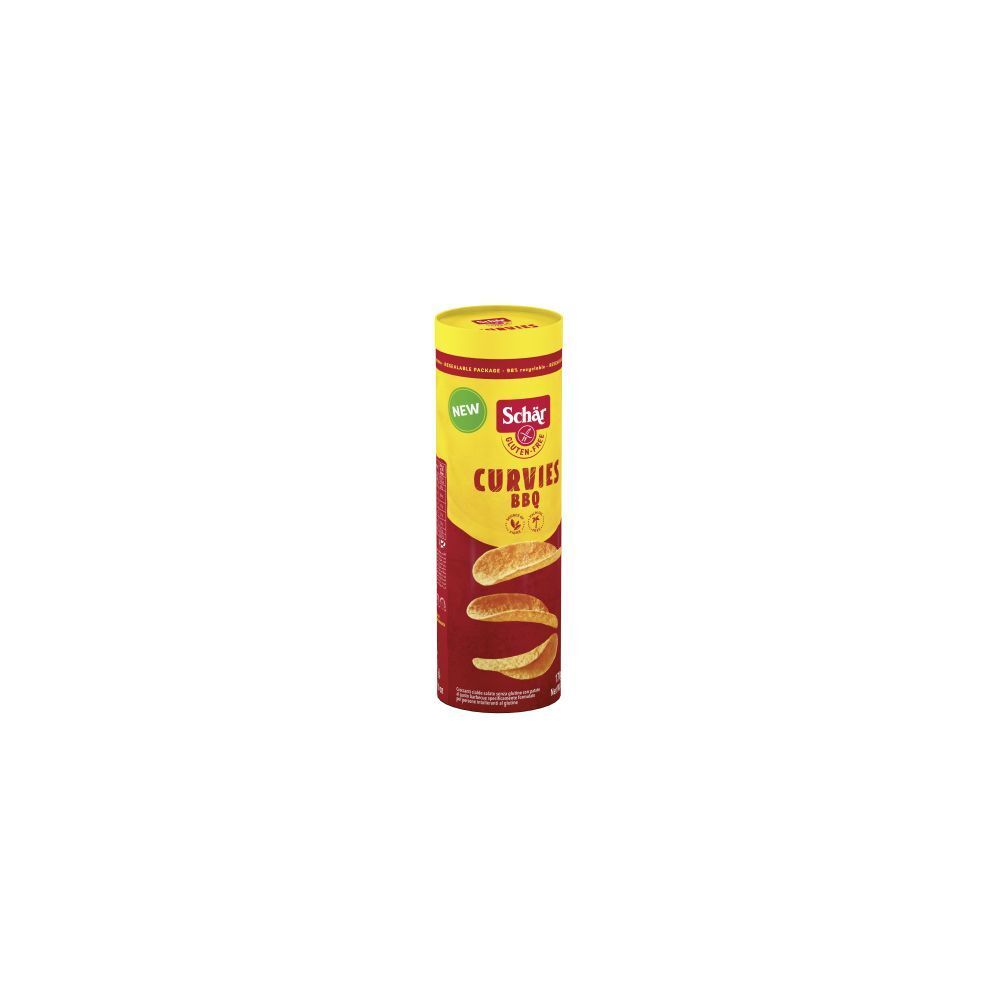 Emballage cylindrique Schär Curvies BBQ. Design jaune et rouge avec image du produit et texte.