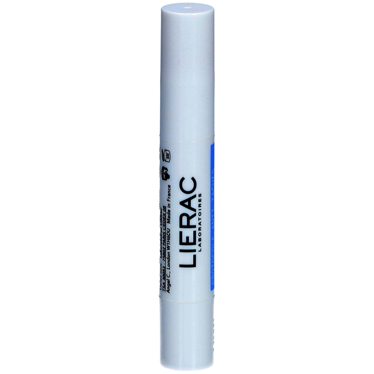 Stick blanc avec inscription bleue : Lierac. Inscription : Protocole Anti-Taches, Vitamine E, Le Stick, Made in France.