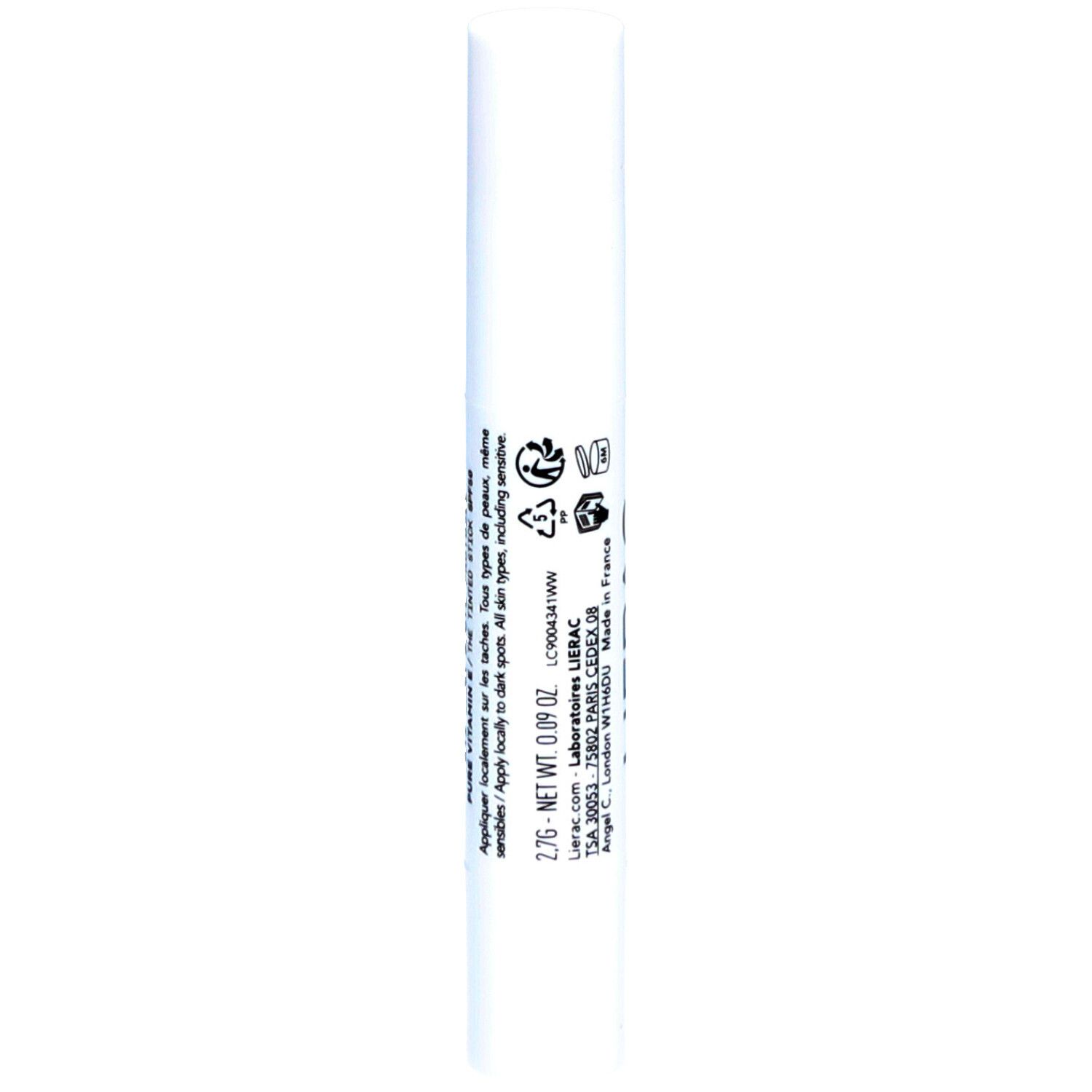 Stick blanc avec inscription bleue : Lierac. Inscription : Protocole Anti-Taches, Vitamine E, Le Stick, Made in France.