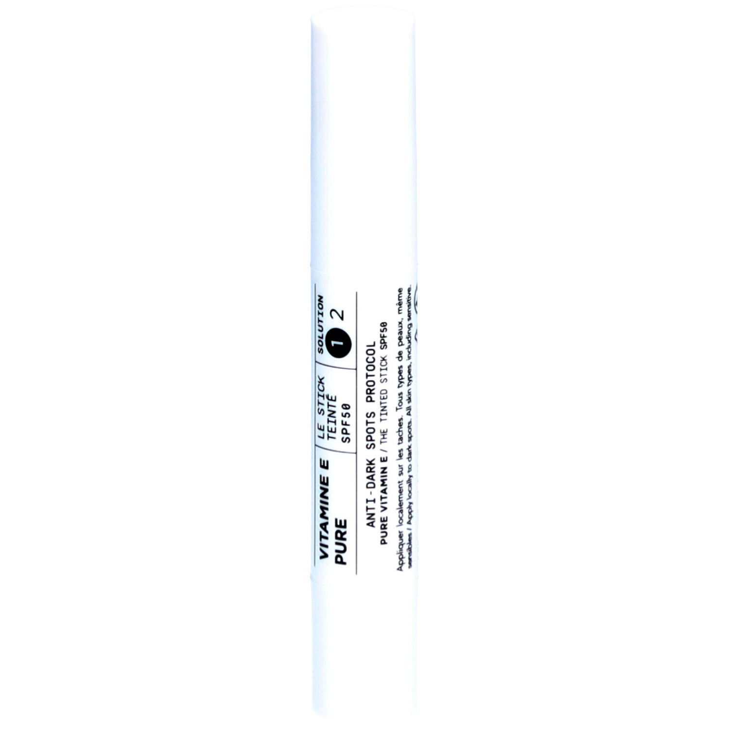 Stick blanc avec inscription bleue : Lierac. Inscription : Protocole Anti-Taches, Vitamine E, Le Stick, Made in France.