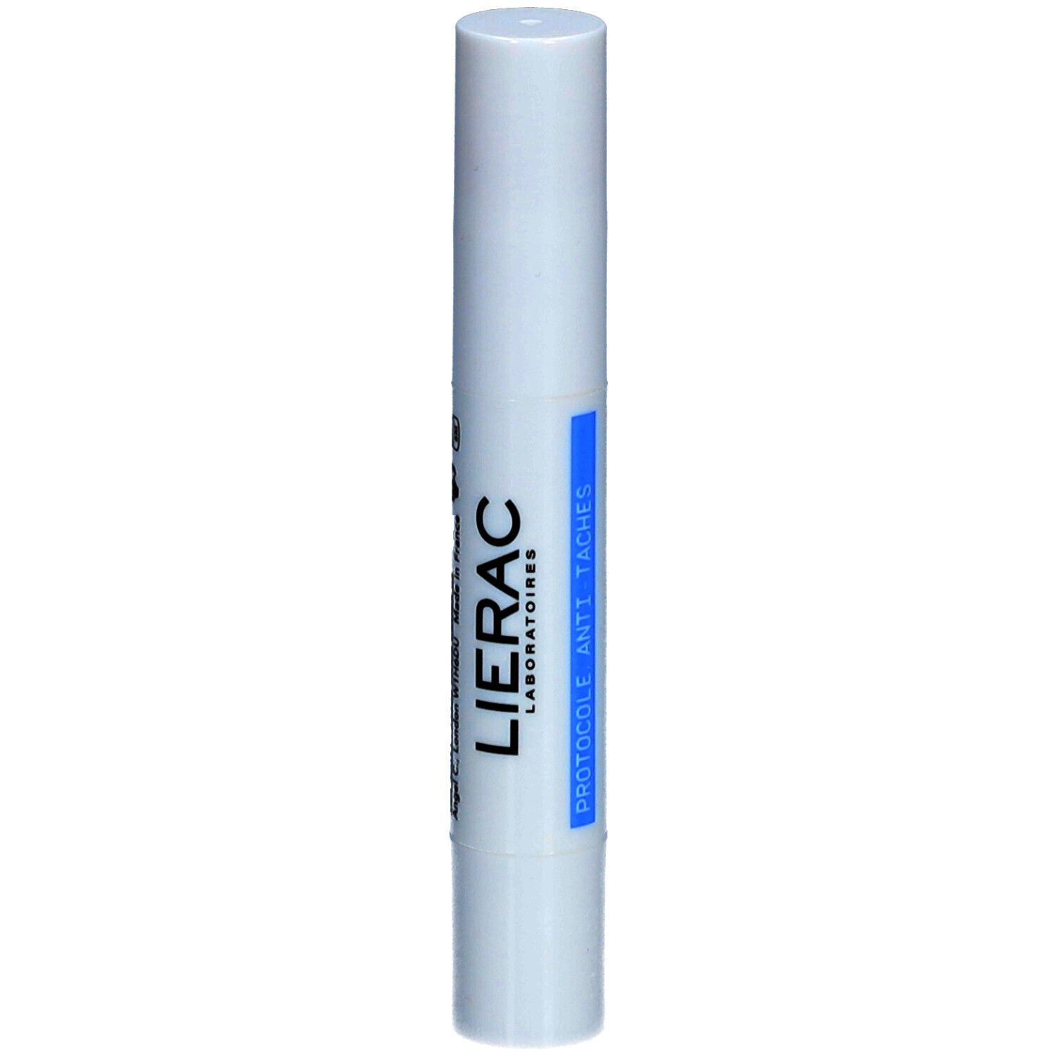 Stick blanc avec inscription bleue : Lierac. Inscription : Protocole Anti-Taches, Vitamine E, Le Stick, Made in France.