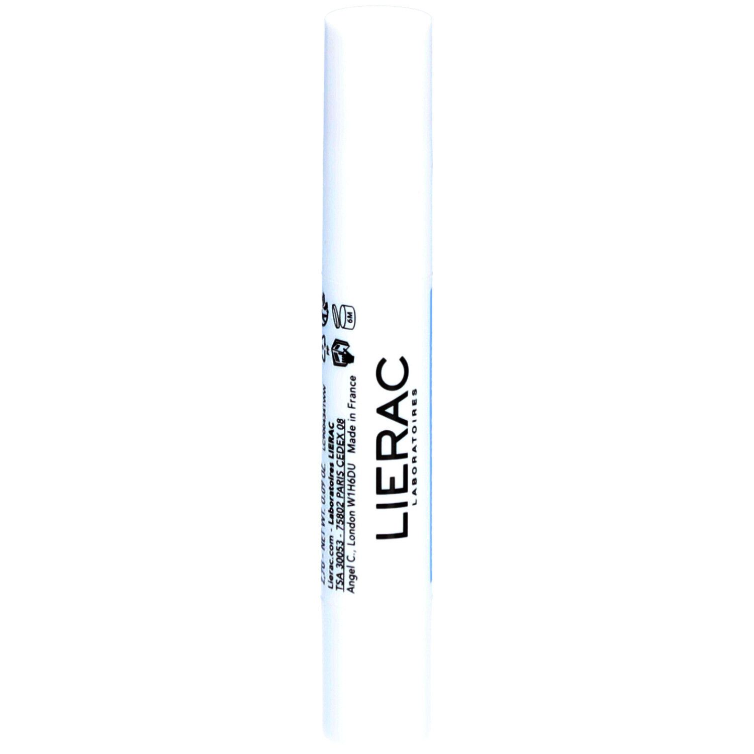 Stick blanc avec inscription bleue : Lierac. Inscription : Protocole Anti-Taches, Vitamine E, Le Stick, Made in France.