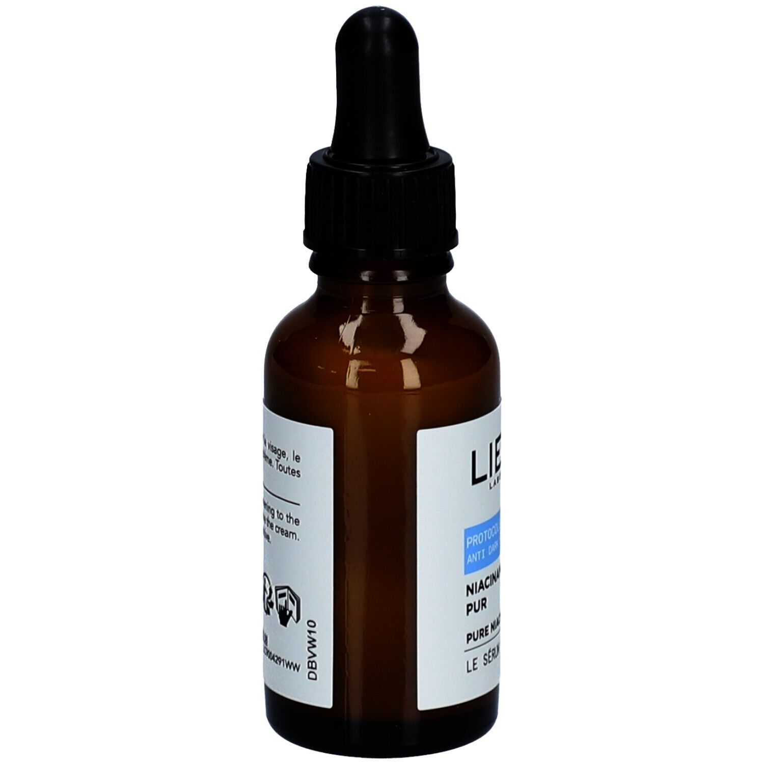 Flacon en verre brun avec pipette noire. Étiquette avec informations produit. Marque : Lierac.