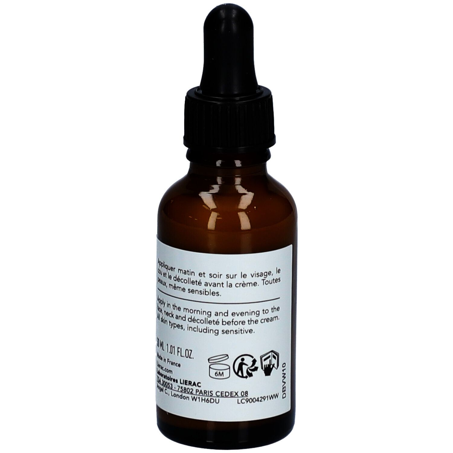 Flacon en verre brun avec pipette noire. Étiquette avec informations produit. Marque : Lierac.