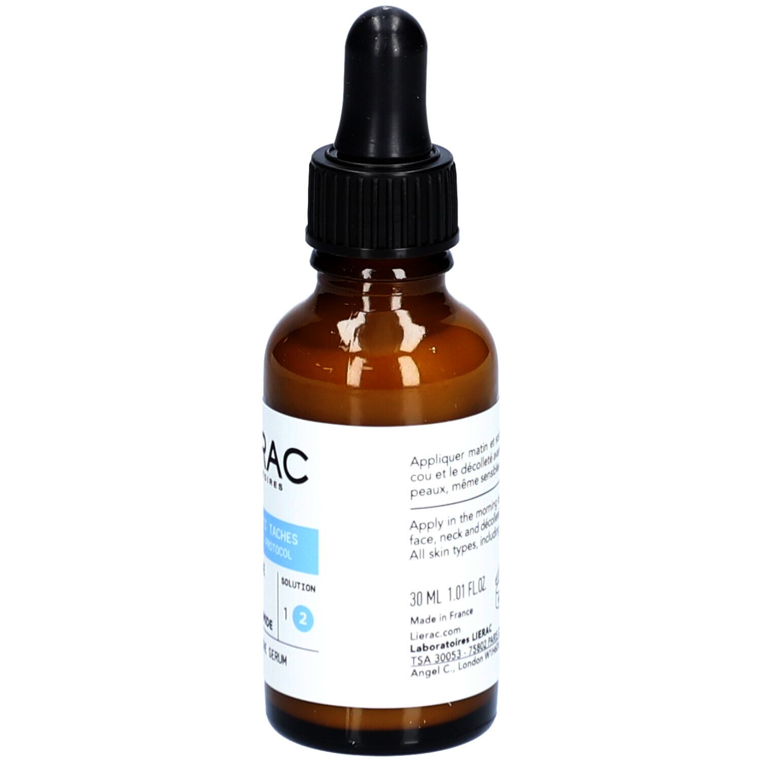 Flacon en verre brun avec pipette noire. Étiquette avec informations produit. Marque : Lierac.