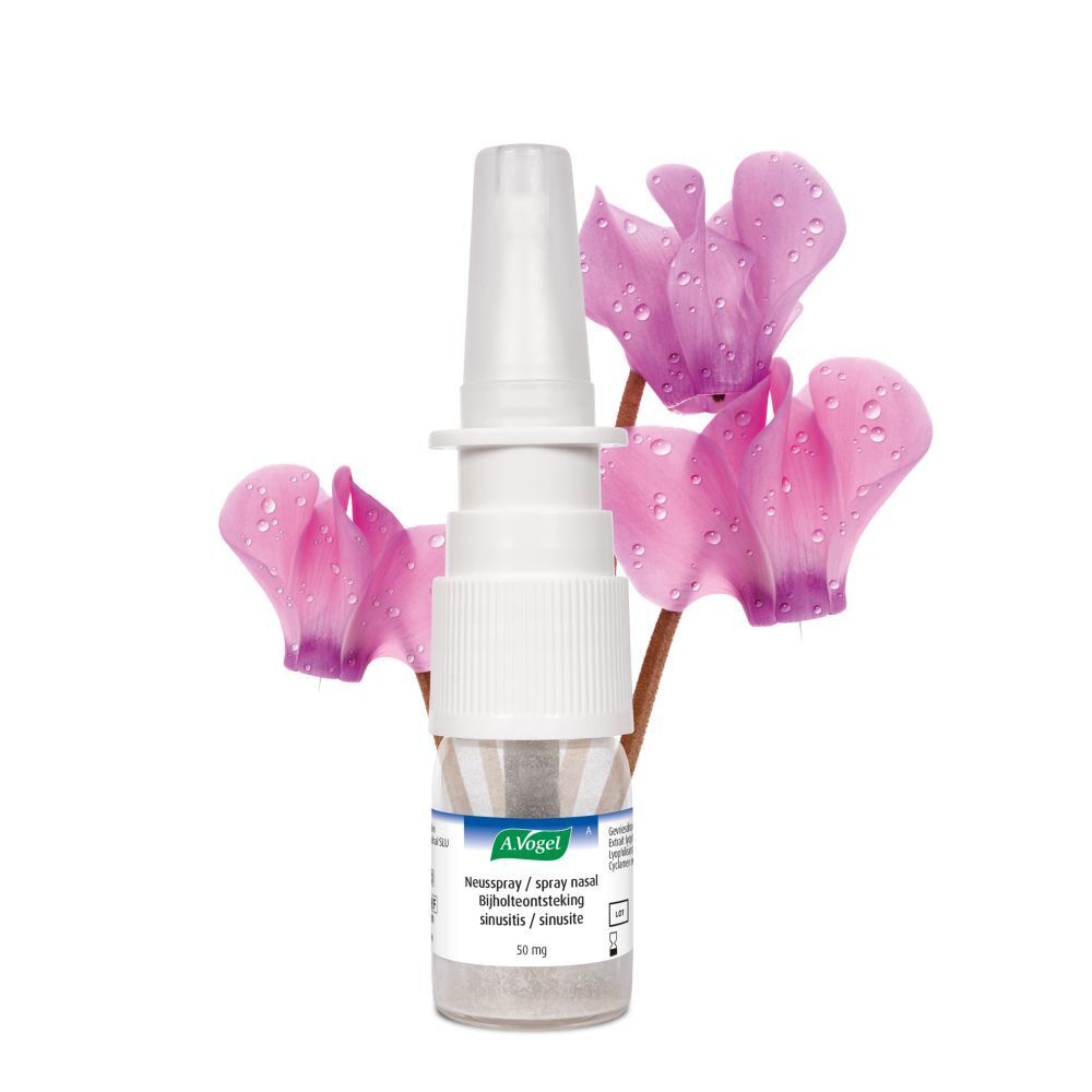 Spray nasal A. Vogel pour sinusite, 50 mg, avec des fleurs.