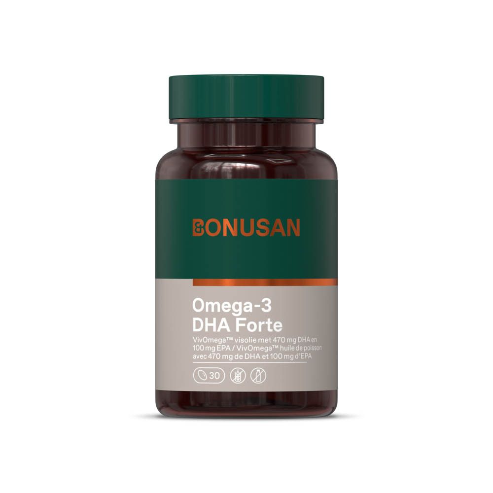 Bruine fles met groene dop. Opschrift: Bonusan, Omega-3 DHA Forte. Etiket met productinformatie.