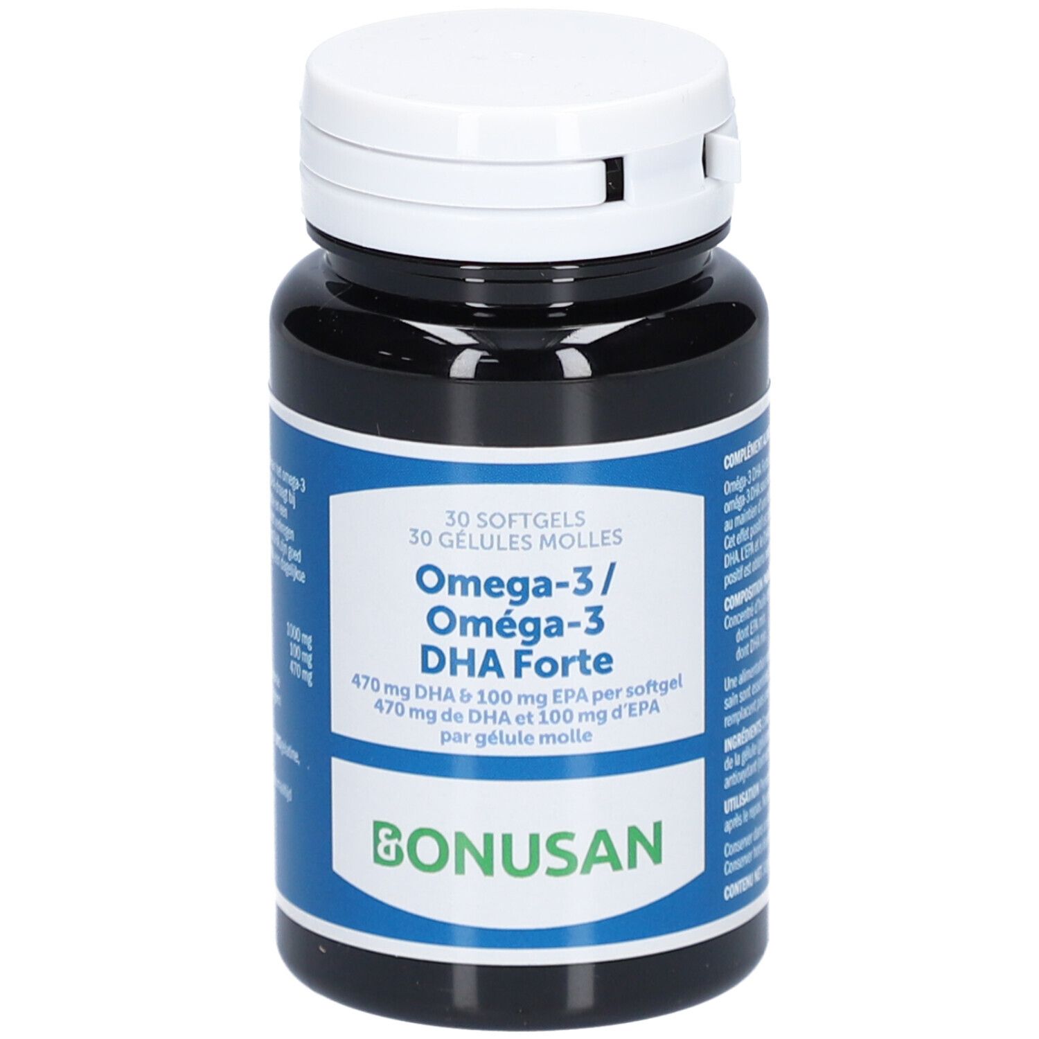 Donkere fles met witte dop. Opschrift: Omega-3 DHA Forte, Bonusan. Blauwe etiketten met productinformatie.