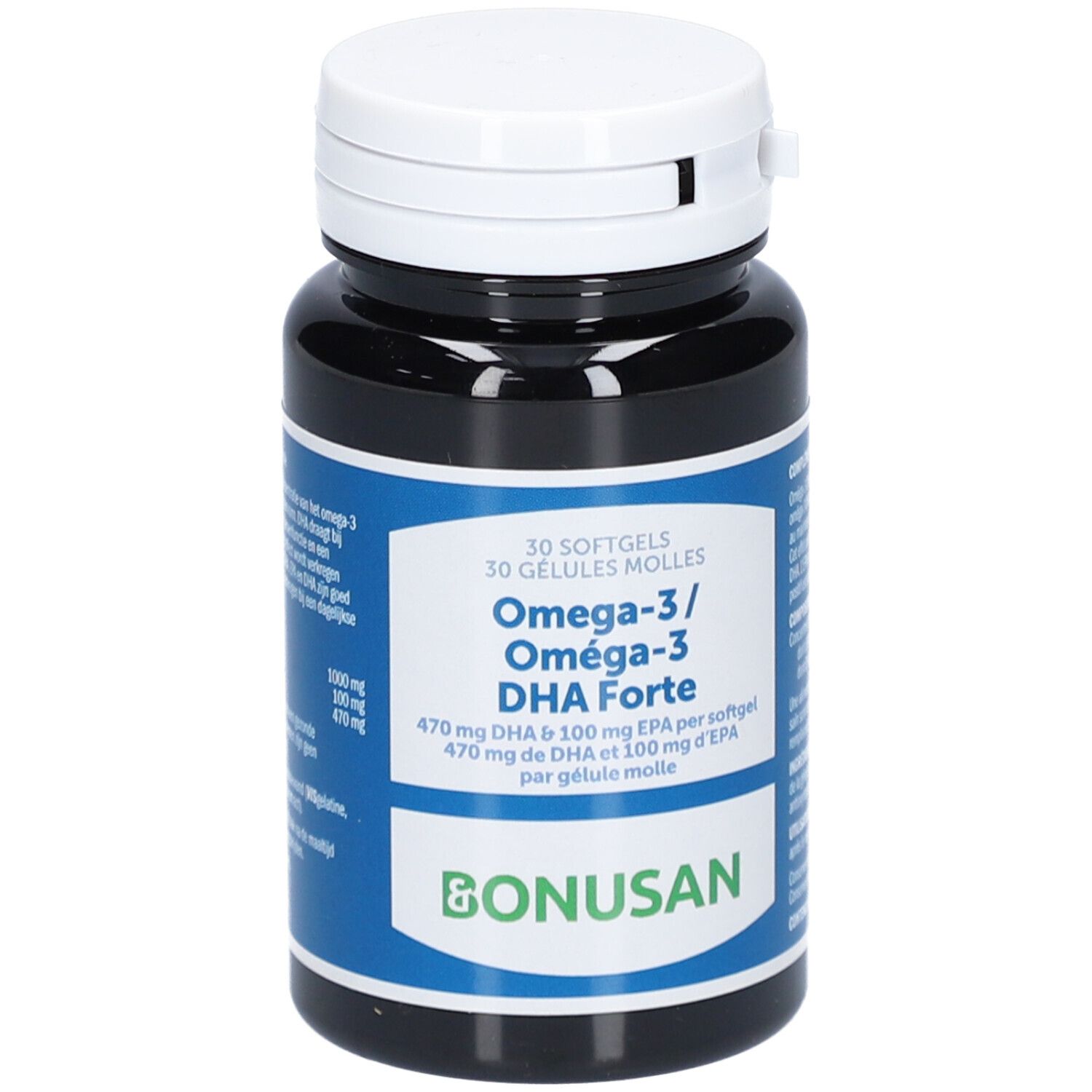 Donkere fles met witte dop. Opschrift: Omega-3 DHA Forte, Bonusan. Blauwe etiketten met productinformatie.