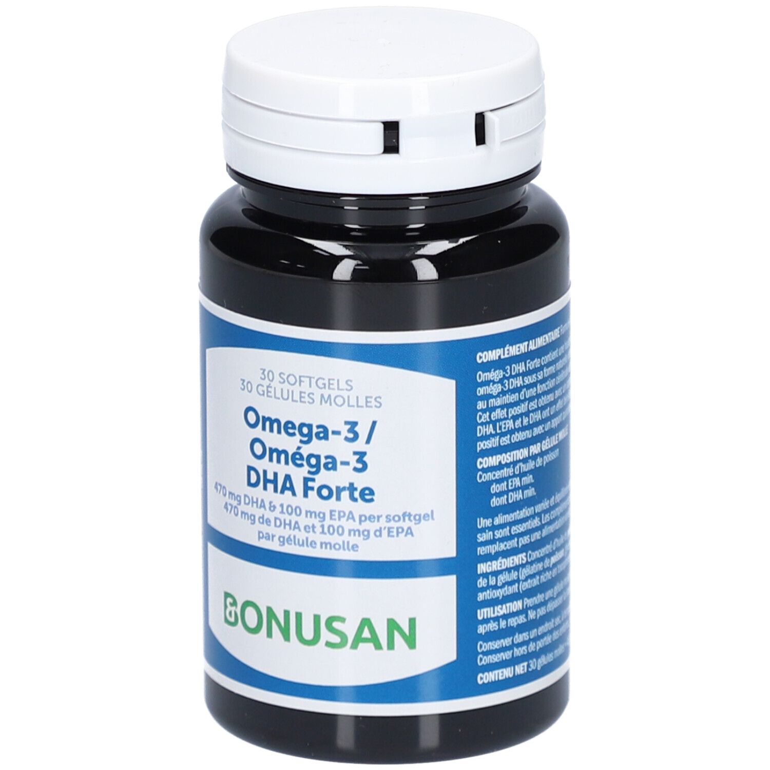 Donkere fles met witte dop. Opschrift: Omega-3 DHA Forte, Bonusan. Blauwe etiketten met productinformatie.