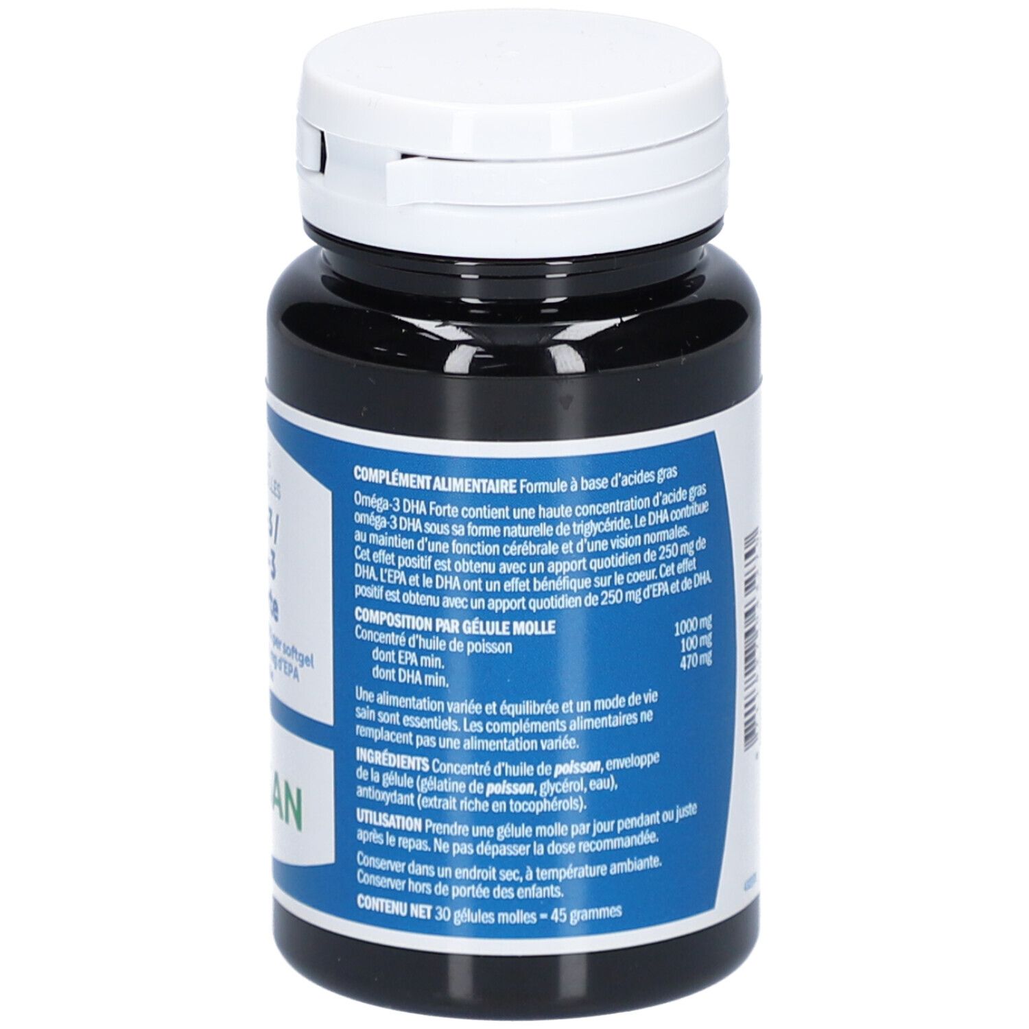 Donkere fles met witte dop. Opschrift: Omega-3 DHA Forte, Bonusan. Blauwe etiketten met productinformatie.