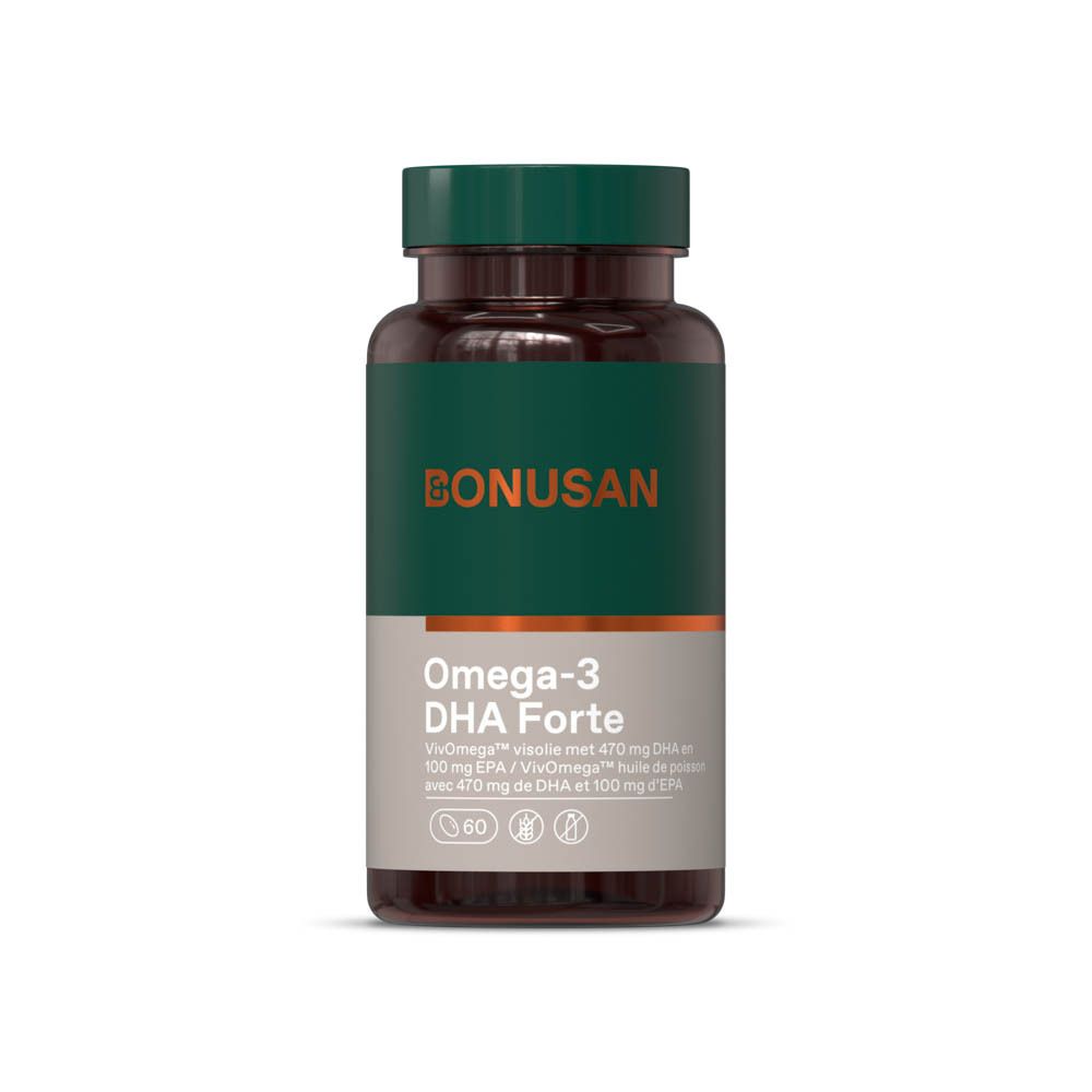 Flacon marron avec bouchon vert. Inscription: Omega-3 DHA Forte. Marque: BONUSAN. 60 capsules.